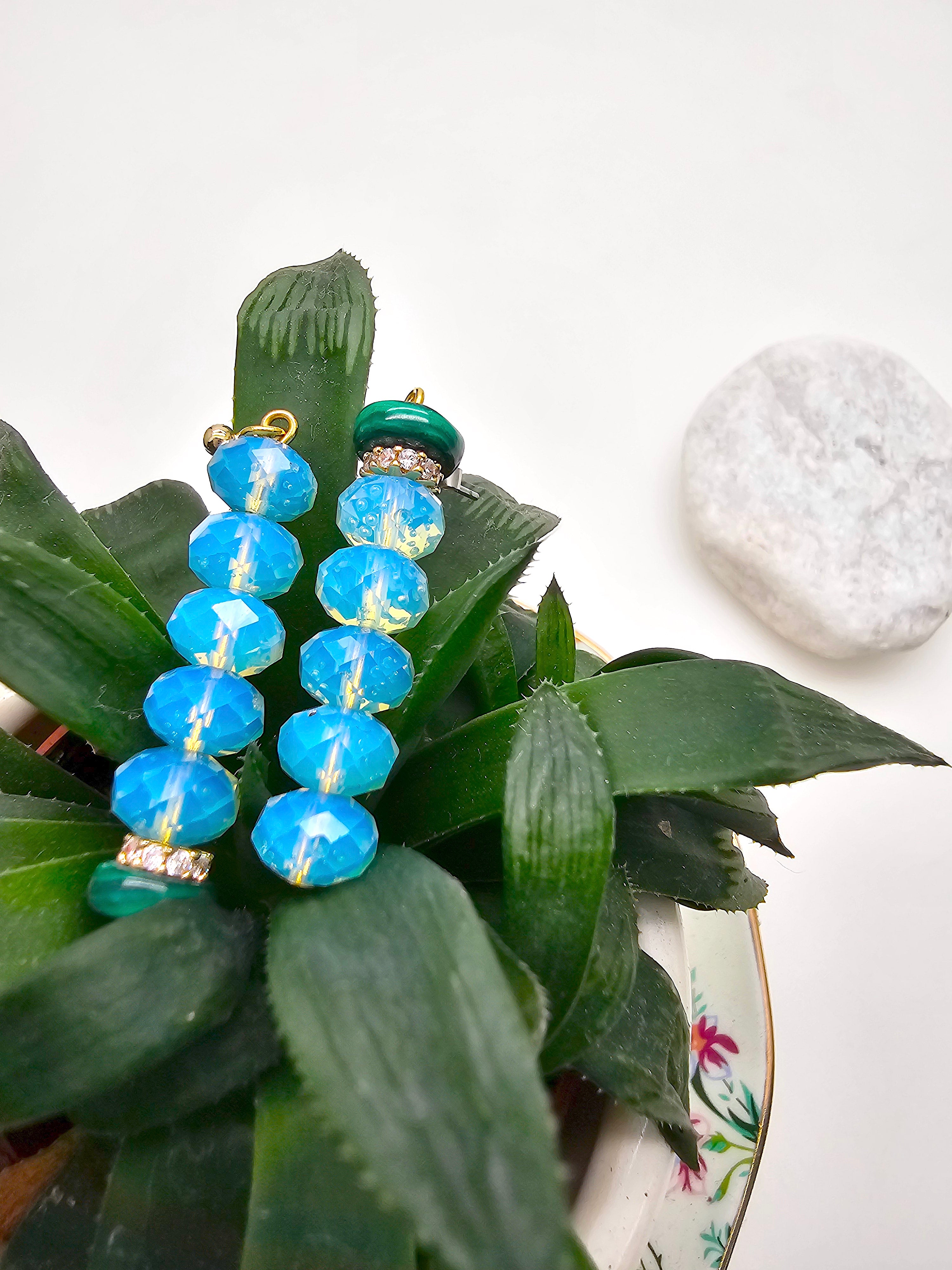 Handmade Malachite and Opal Asymmetric Earrings NE030 | Unique Bohemian Jewelry for Women | Perfect for Parties, Weddings & Special Occasions