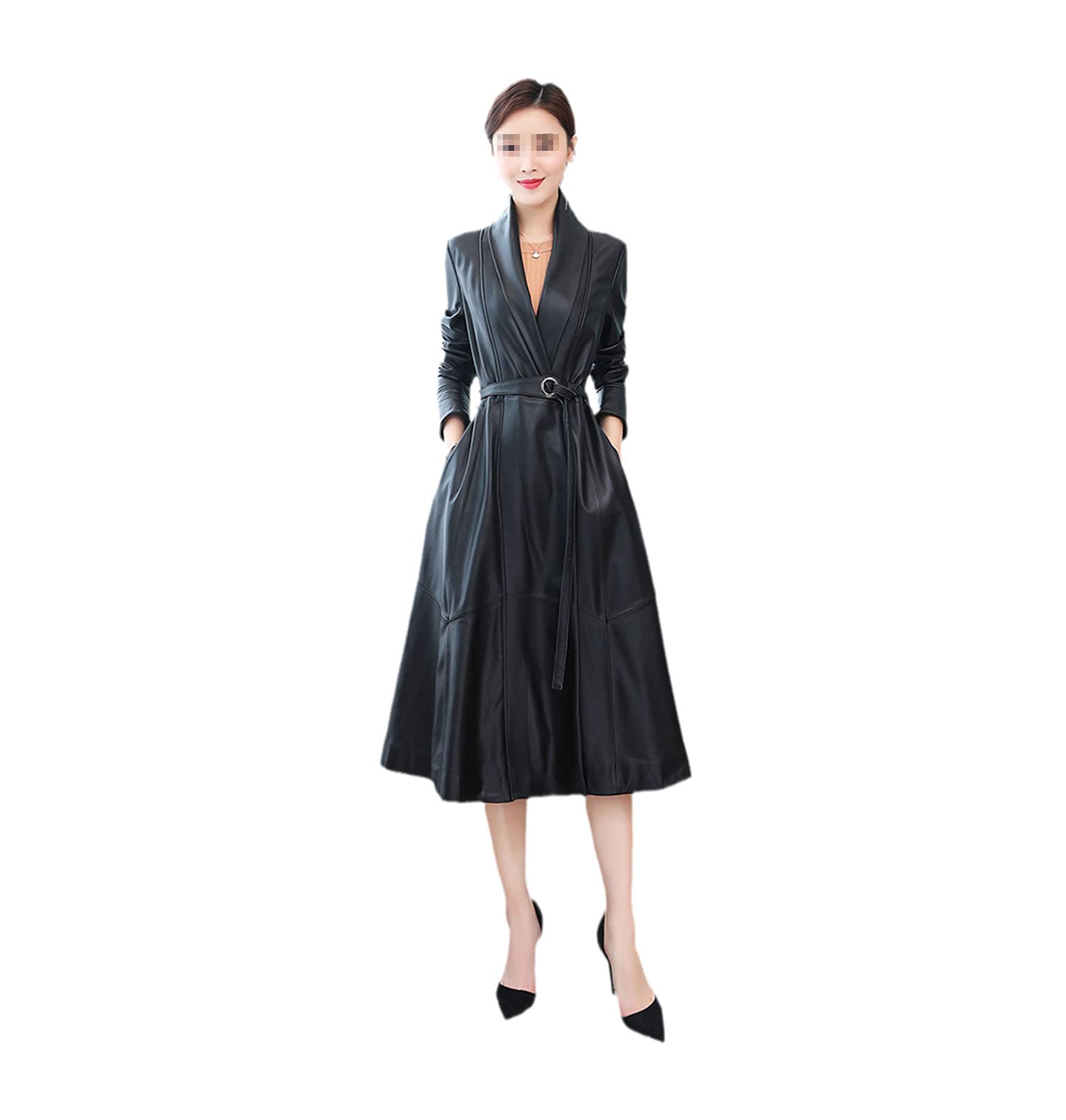 Women's Black PU Leather Trench Coat - Long Sleeve Belted Korean Style Fall Jacket for Office, Dating & Casual Outfits