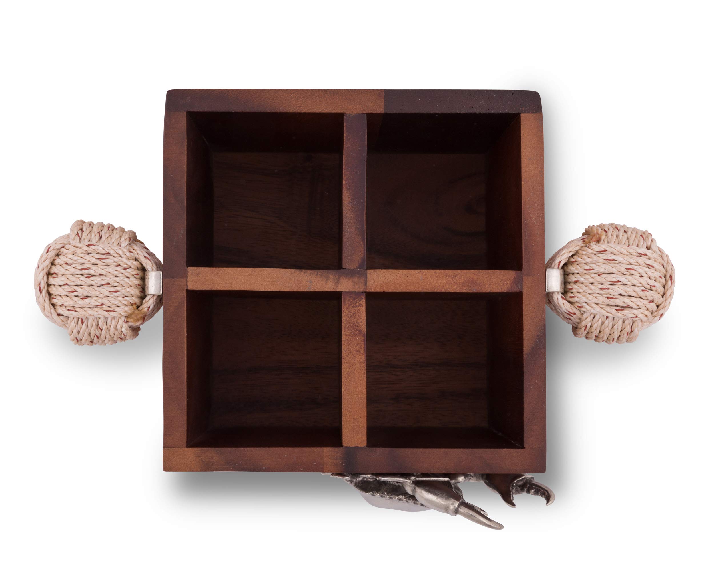 Vagabond House Caddy Square Acacia Wood Flatware Holder with Solid Pewter Crab Accent & Rope Handles - 4 Compartment Utensil Organizer (11