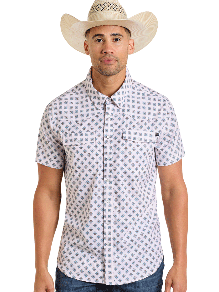 Rock & Roll Denim BMN3S06424 Men's Western Short Sleeve Geometric Print Shirt - Natural Distressed Style for Casual Wear & Music Festivals