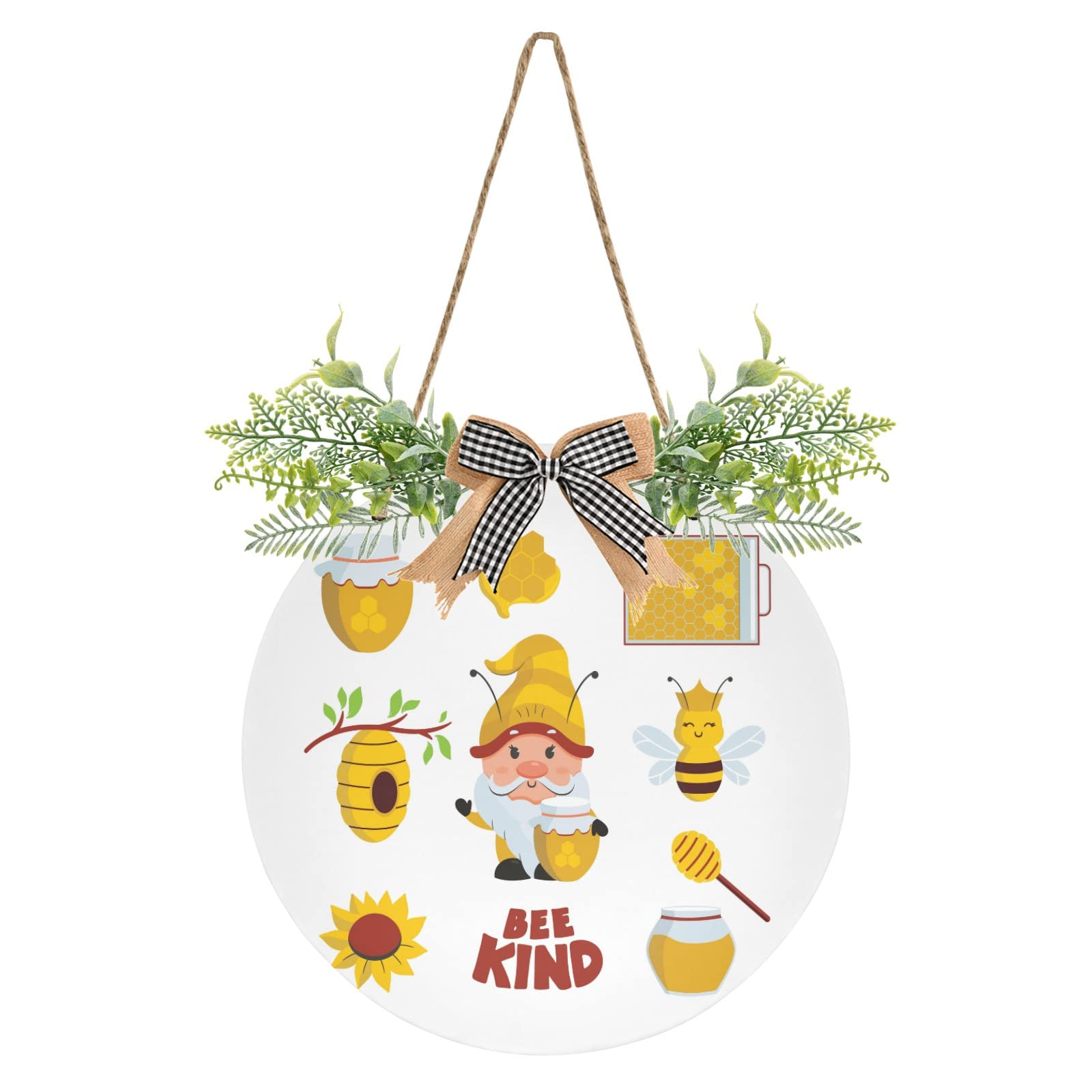 Bee Gnome Front Door Round Wood Sign - Summer Honey Sunflower Slice Wooden Porch Decor Hanger - Farmhouse Wreath Wall Decoration - Welcome Sign for Seasonal Greetings, Holiday & Housewarming Gift - Perfect for Porch, Front Door, Garden, and Farmhouse Decor