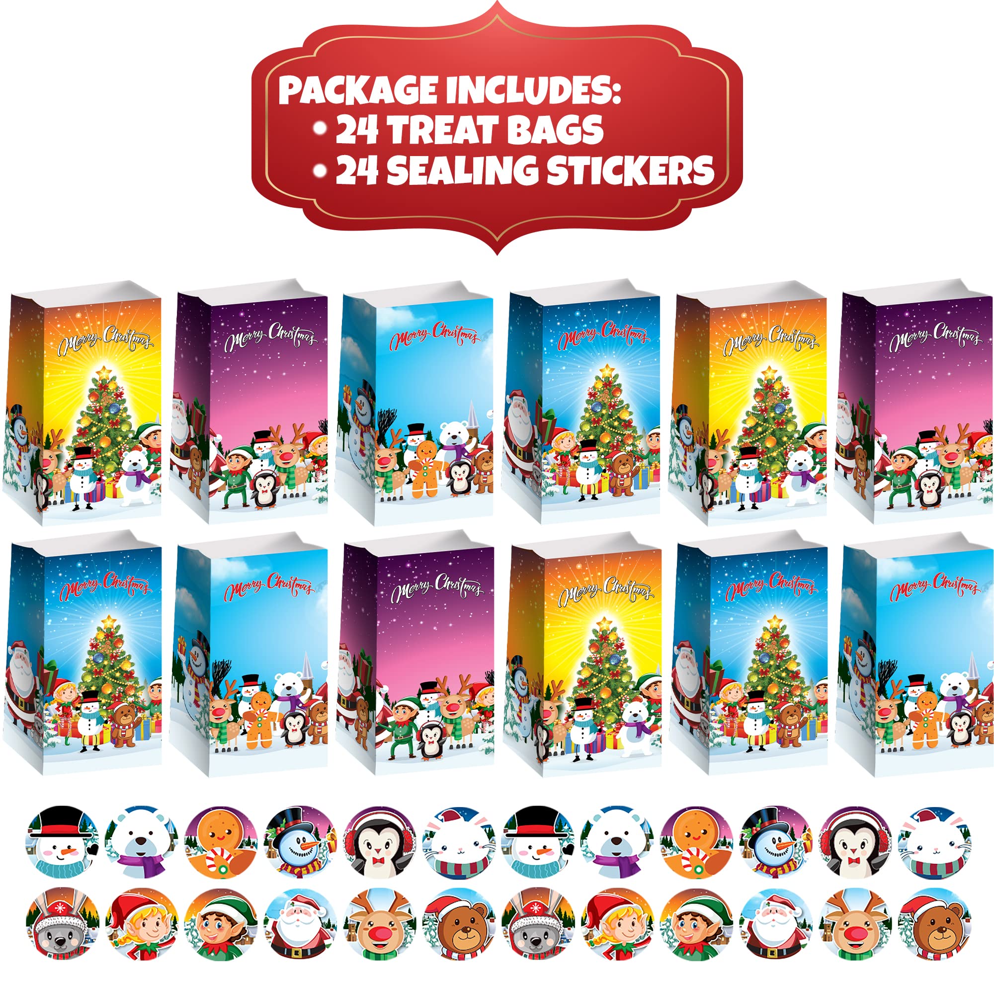 ArtCreativity 24-Pack Christmas Treat Bags with Stickers - 10 Inch Holiday Candy Bags for Sweets, Toys & Gifts | Perfect for Classroom Parties, Stocking Stuffers & Christmas Gift Exchanges