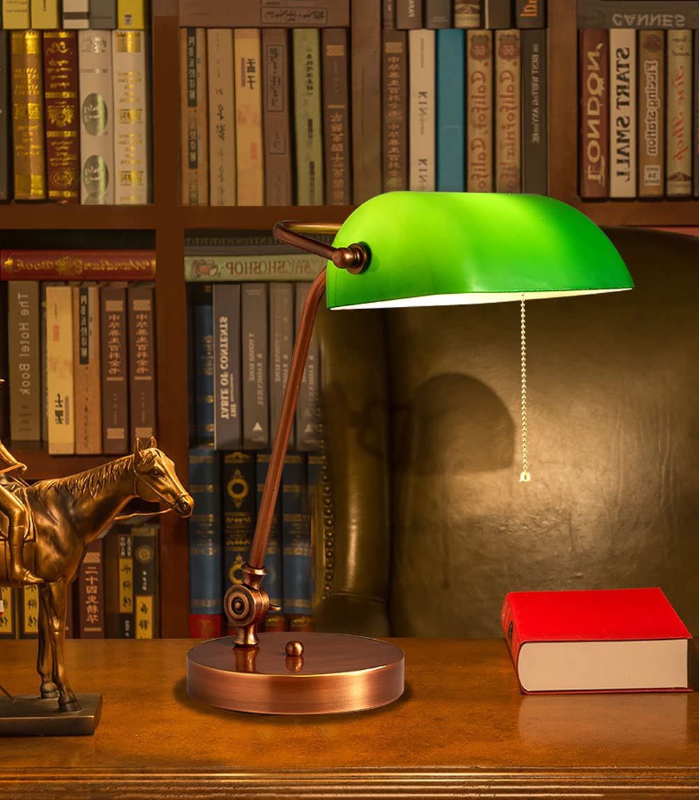 Vintage Emerald Green Glass Banker Desk Lamp with Copper Base - Adjustable 360° LED Reading Light, Pull Chain Switch, E27 Bulb Compatible - Perfect for Home Office, Study Room & Bedside Nightstand Lighting (Model-G)