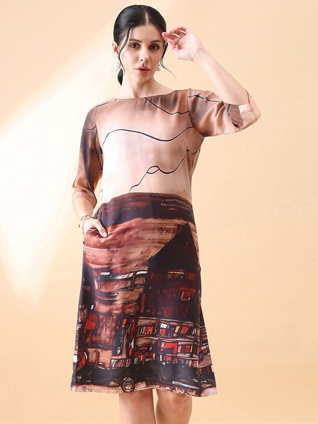 Elegant A-Line Printed Dress in Brown - Perfect for Casual Outings, Office Wear & Special Occasions