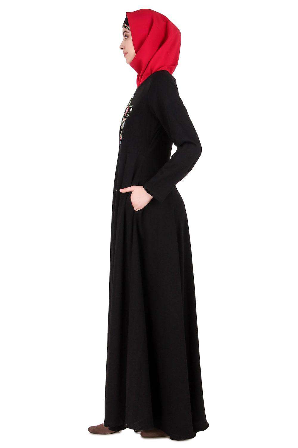 Elegant Black Floral Embroidered Nida Abaya Dress for Women - Perfect for Eid, Ramadan & Special Occasions