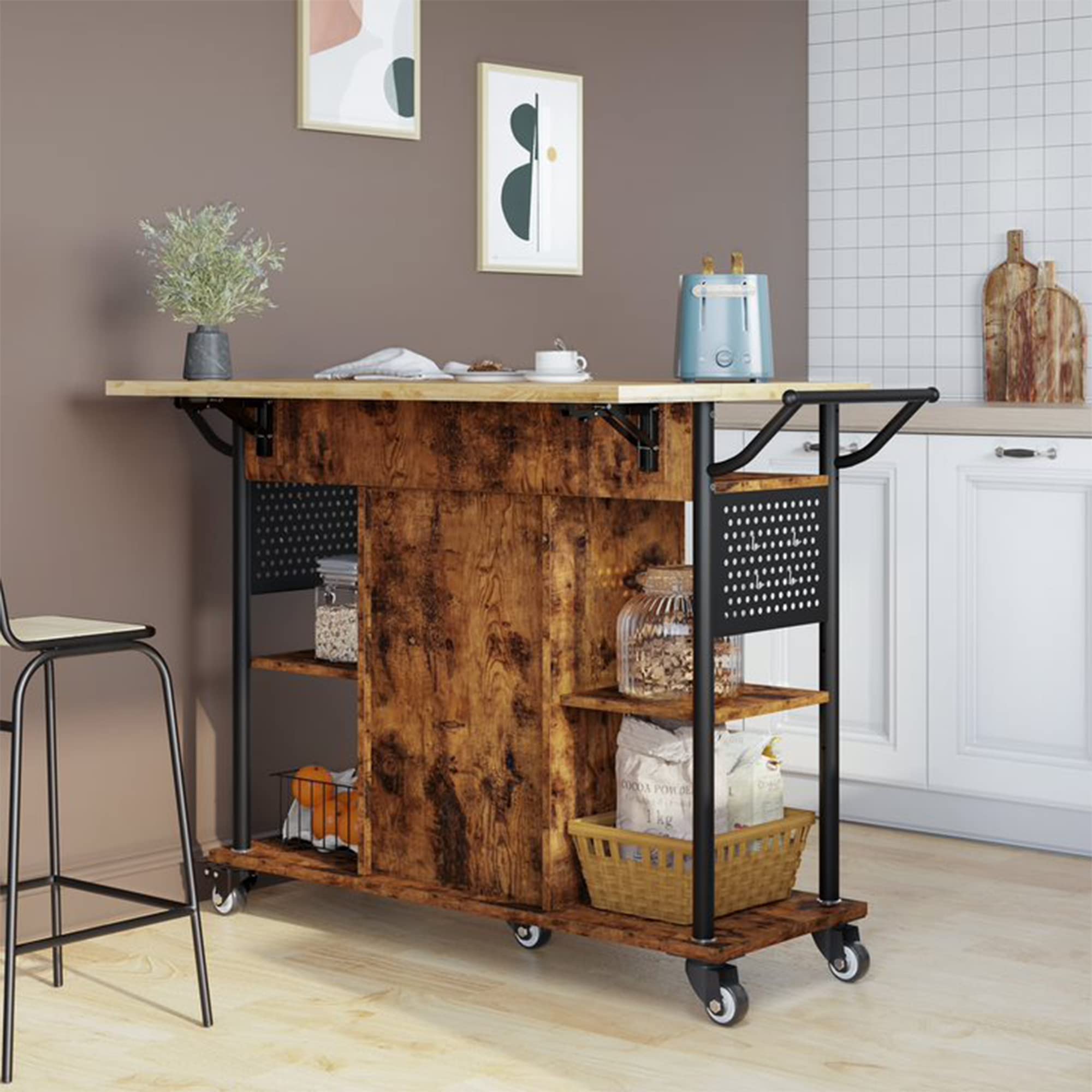 Bestier 6-Tier Rolling Kitchen Cart with Collapsible Extender - Storage Cabinet, Drawer & Side Handles - Mobile Utility Cart for Small Spaces - Perfect for Kitchen, Bathroom, Office or Dorm Organization (Brown)