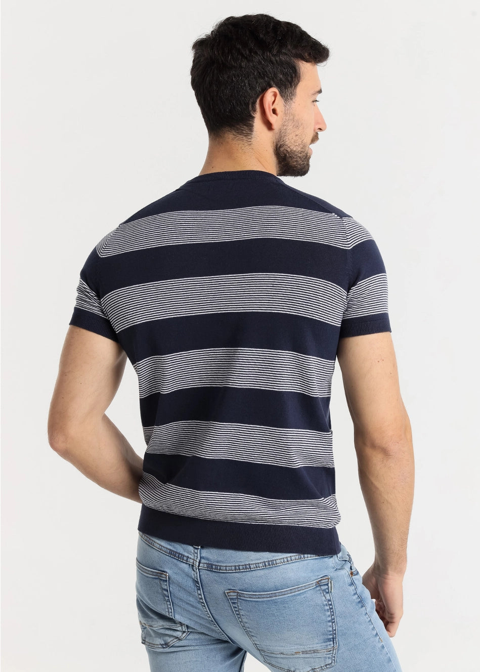 Six Valves Knit Striped Cotton T-Shirt for Men - Navy Blue Casual Tee - Perfect for Everyday Wear, Outings & Relaxation