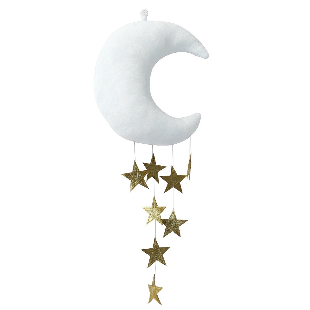 Moon and Stars Wall Backdrop for Kids Room - Soft Stuffed Hanging Decor in White & Gold - Perfect for Baby Nursery, Bedroom, and Playroom Decorations