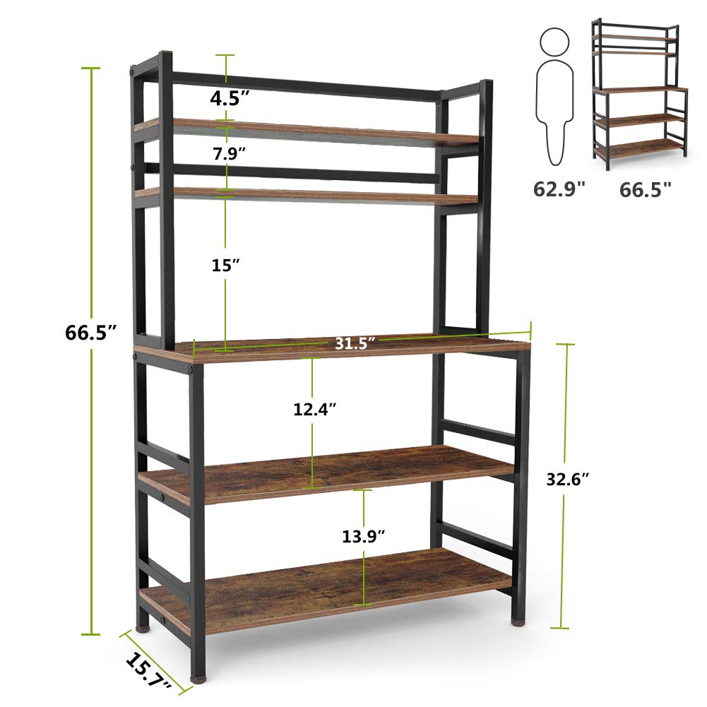 Tribesigns 5-Tier Kitchen Bakers Rack with Hutch - Industrial Microwave Stand, Free Standing Kitchen Cart with Storage Shelf Organizer in Rustic Brown - Perfect for Small Kitchen, Pantry Organization & Baking Supplies Storage