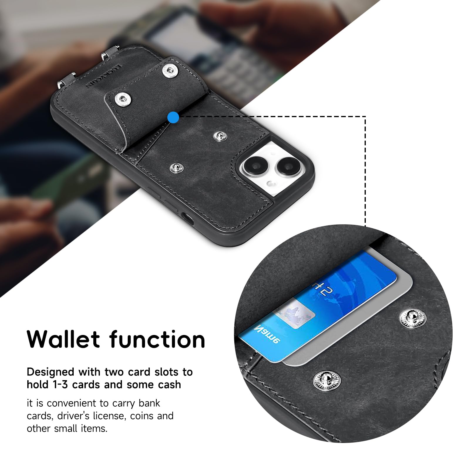 Premium Genuine Leather Crossbody Phone Case for iPhone 15 Plus (6.7 Inch) - Women's Wallet Case with 2 Card Slots & Adjustable Lanyard Shoulder Strap (Black) | Perfect for Everyday Use, Travel, Shopping & Hands-Free Convenience