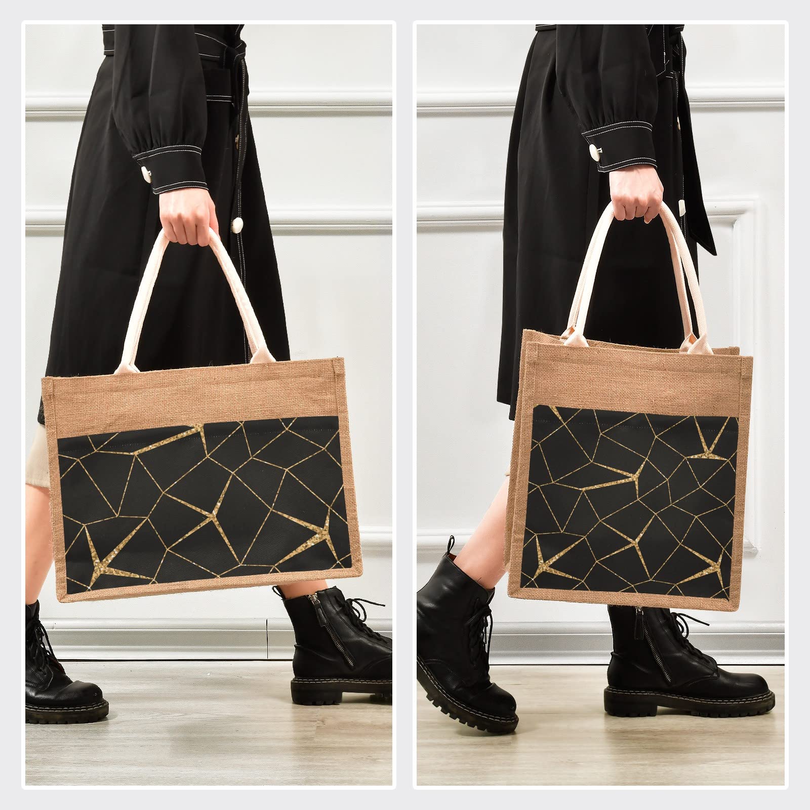 Premium Golden Mesh Jute Tote Bag - Waterproof Reusable Grocery Shopping Bag for Women, Eco-Friendly Beach Tote & Travel Carryall - Perfect for Farmers Market, Grocery Hauling & Beach Outings