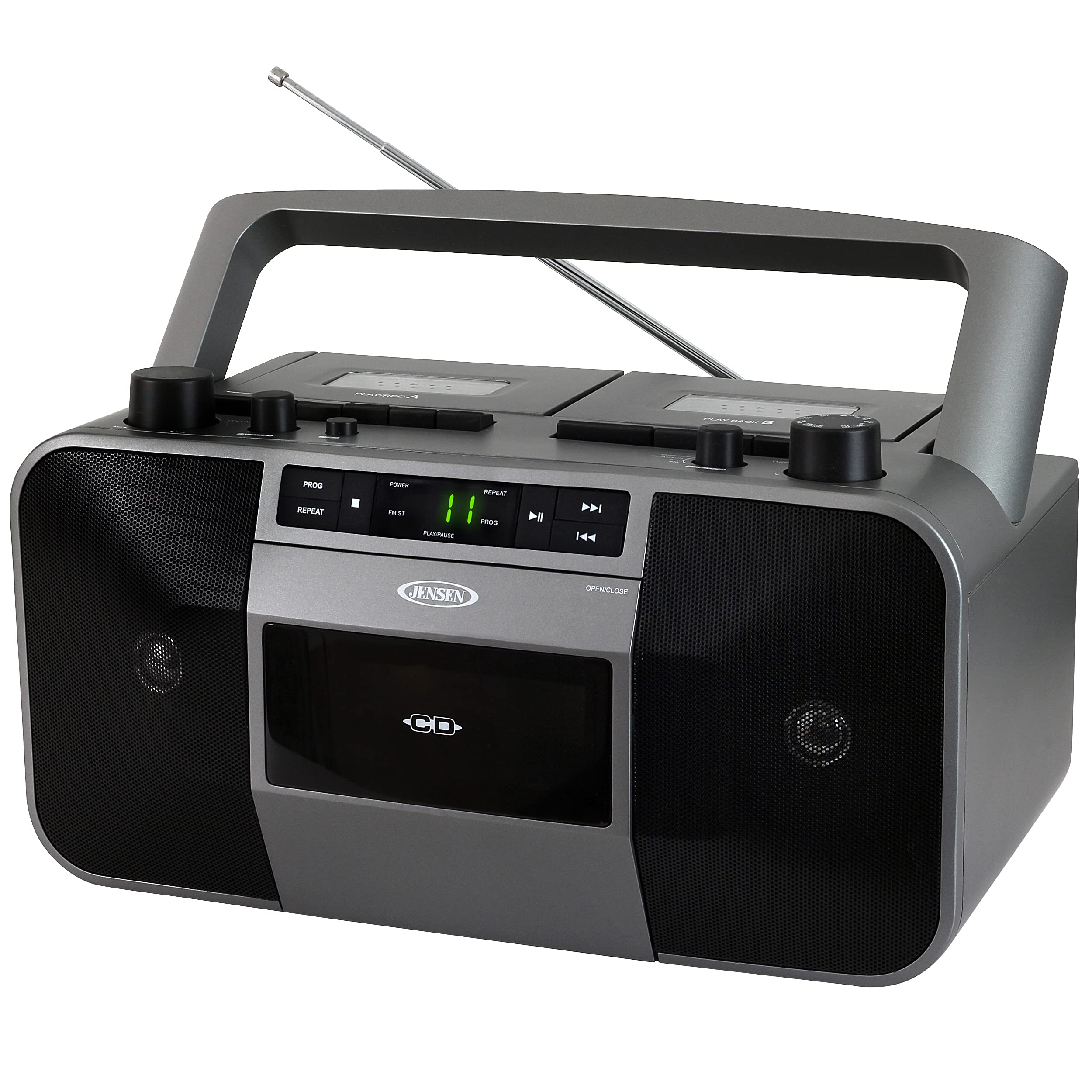 JENSEN MCR-1500 Portable Stereo CD Player with Dual Cassette Deck & AM/FM Radio - Gray | Perfect for Home, Office, and Travel Music Entertainment