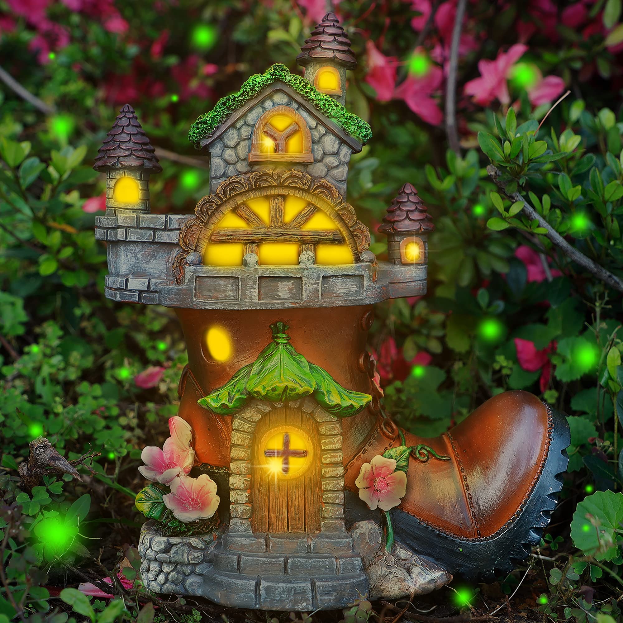 FORUP 10 Inch Solar Powered Fairy House Garden Statue with Boots - Outdoor Fairy Garden Decor Kit with LED Lights for Patio, Lawn, Yard & Backyard - Perfect for Fairy Gardens, Flower Beds & Gift Giving