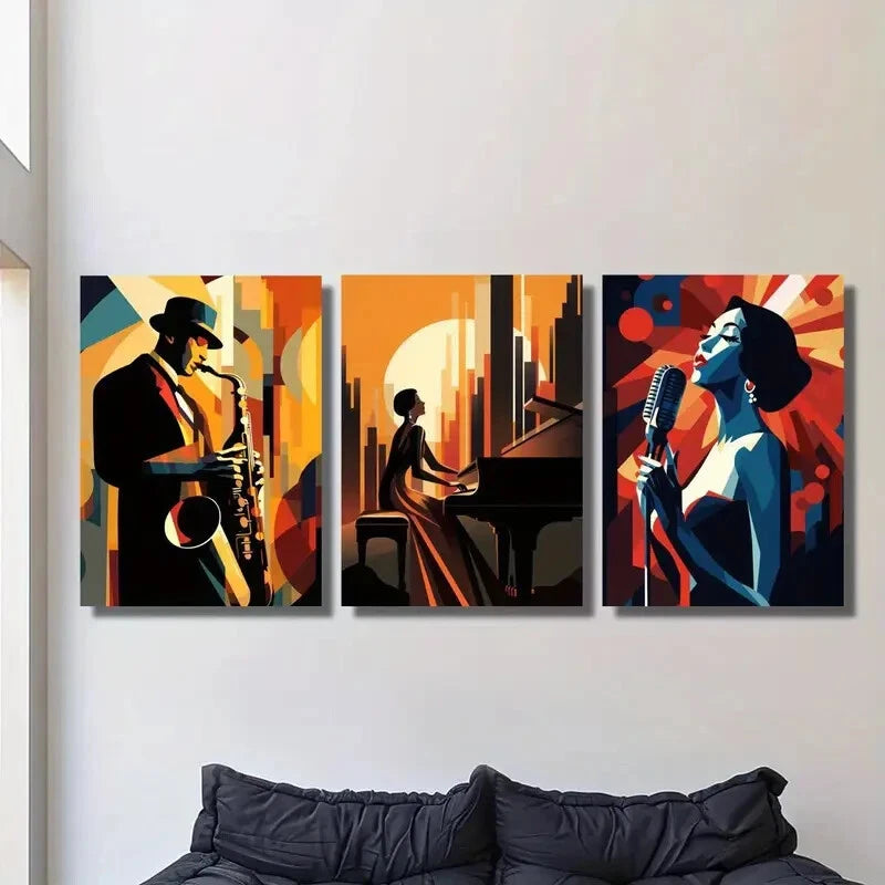 3-Piece Jazz Cubist Portrait Metal Wall Art Prints - Ready to Hang Modern Home Decor for Living Room, Bedroom & Office