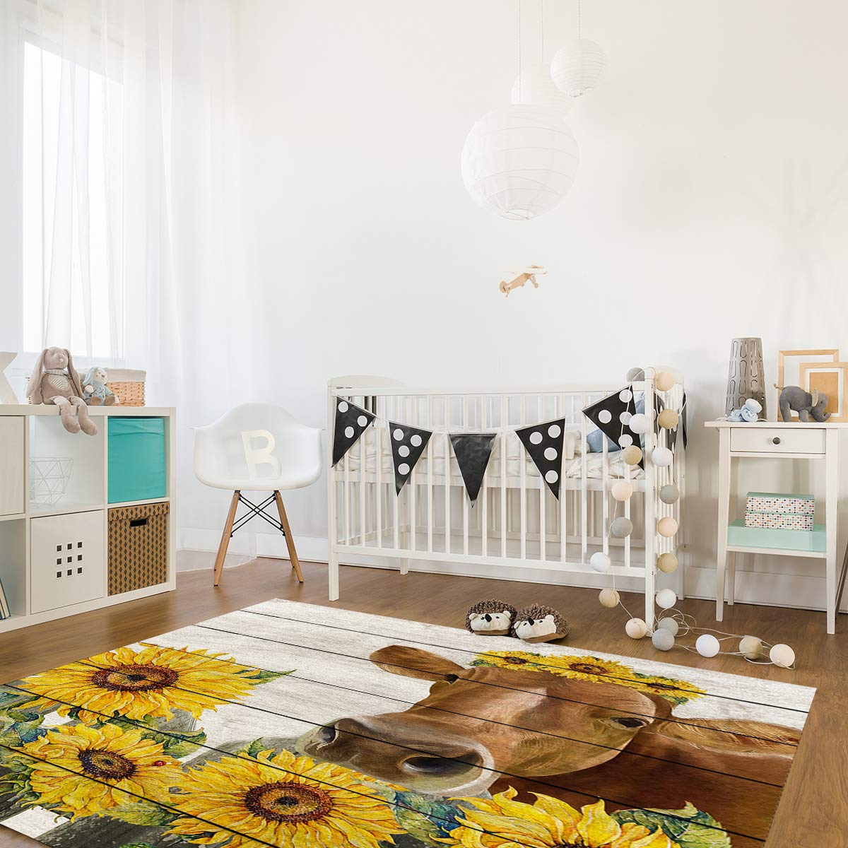 **5'x8' Yellow Sunflower Cow Area Runner Rug - Washable Indoor/Outdoor Carpet for Kitchen, Living Room, Bathroom, Bedroom & Classroom - Retro Farmhouse Wooden Doormat, Desk & Welcome Mat - Perfect for Home Decor, Entryway & Laundry Room**