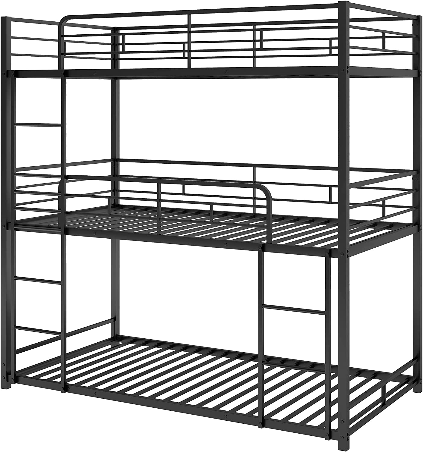 DNYN Twin Over Twin Over Twin Metal Bunk Bed with Built-in Ladder & Safety Guardrails - Space Saving Triple Bunk Bed for Kids, Teens & Adults - Perfect for Small Bedrooms, Dorms, Guest Rooms & Vacation Homes (Black)
