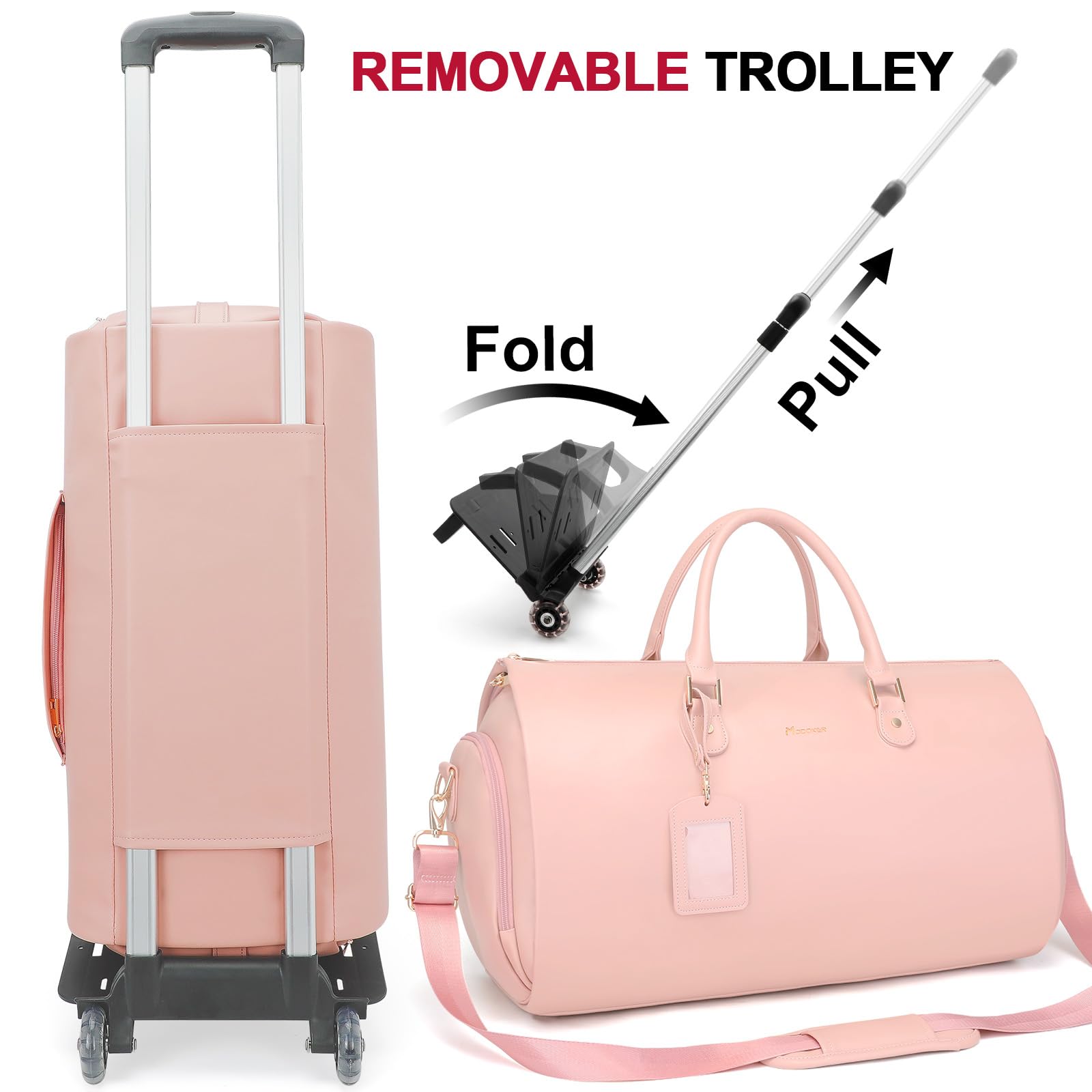 Modoker Rolling Garment Bags with Wheels - PU Leather Convertible Travel Garment Duffel Bag for Women, Trolley Suitcase Luggage with Smooth Wheels (Pink) - Perfect for Business Trips, Vacation & Airplane Travel