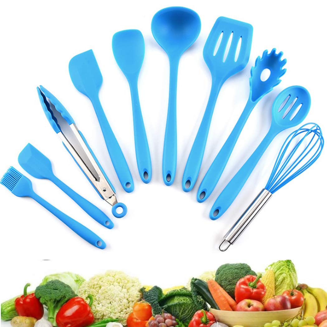 Hoshen 10-Piece Silicone Kitchen Utensil Set - 5 Colors, Non-Stick, Heat-Resistant Spatulas for Cooking & Baking - Perfect for Frying Pans, Pots & Bakeware (Blue)