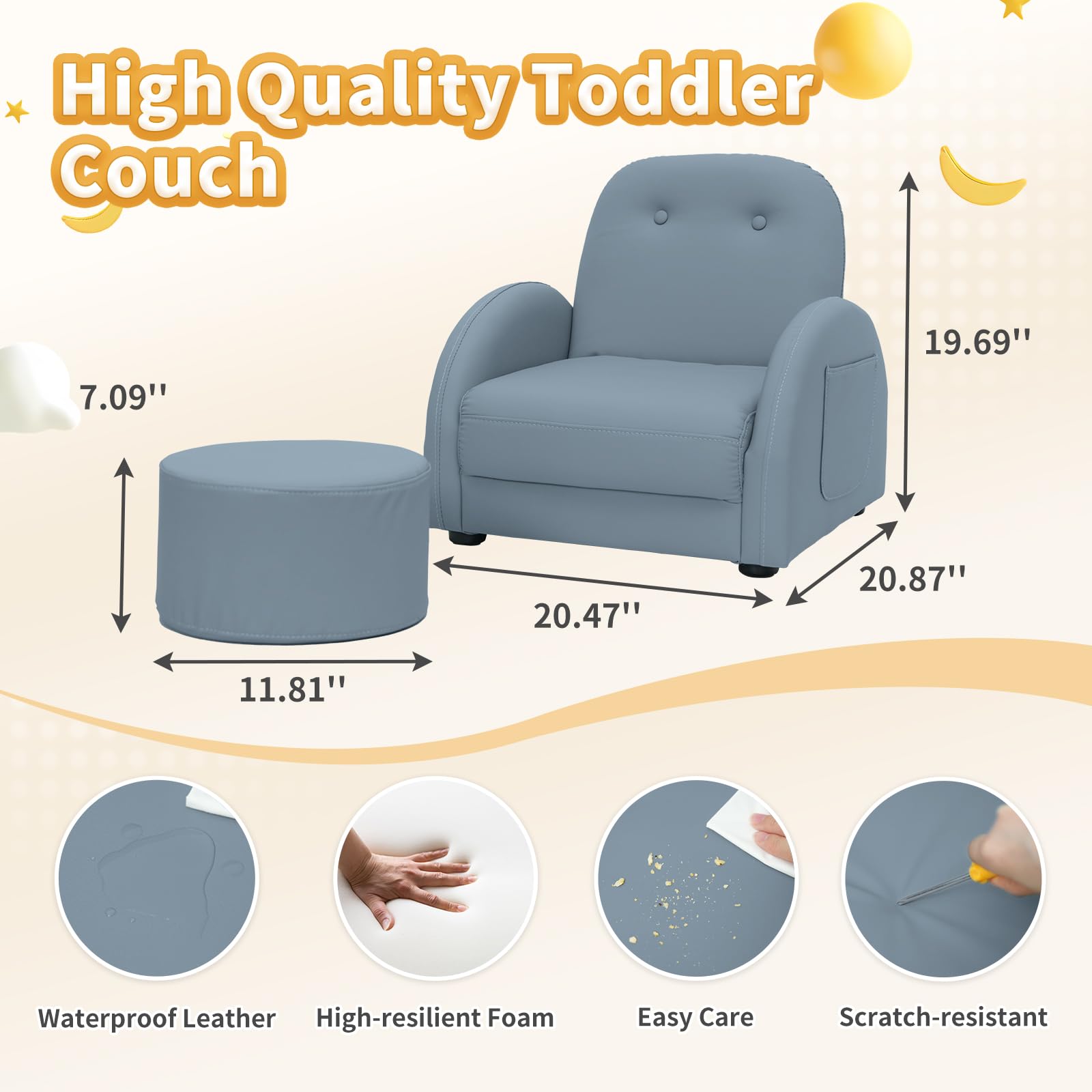 MOOITZ Kids Recliner Chair with Ottoman - Adjustable Toddler Recliner with 5 Backrest Positions, Waterproof & Stain-Resistant Leatherette - Perfect for Playroom, Bedroom or TV Time (Blue)