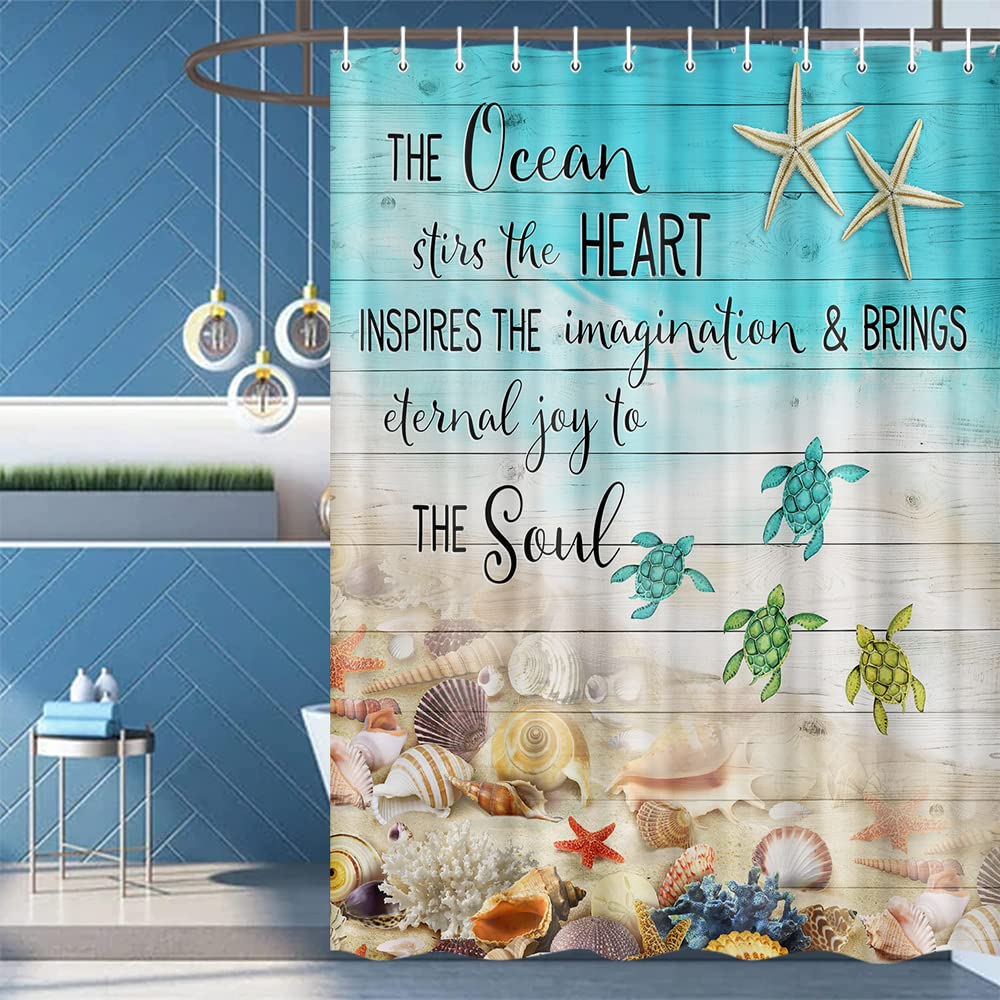 Sea Turtles & Nautical Starfish Shower Curtain - Waterproof Bathroom Decor with Rustic Wooden Board Design, 69x70 Inches Includes 12 Hooks - Perfect for Beach Themed Bathrooms, Coastal Home Decor & Ocean Lovers' Spaces