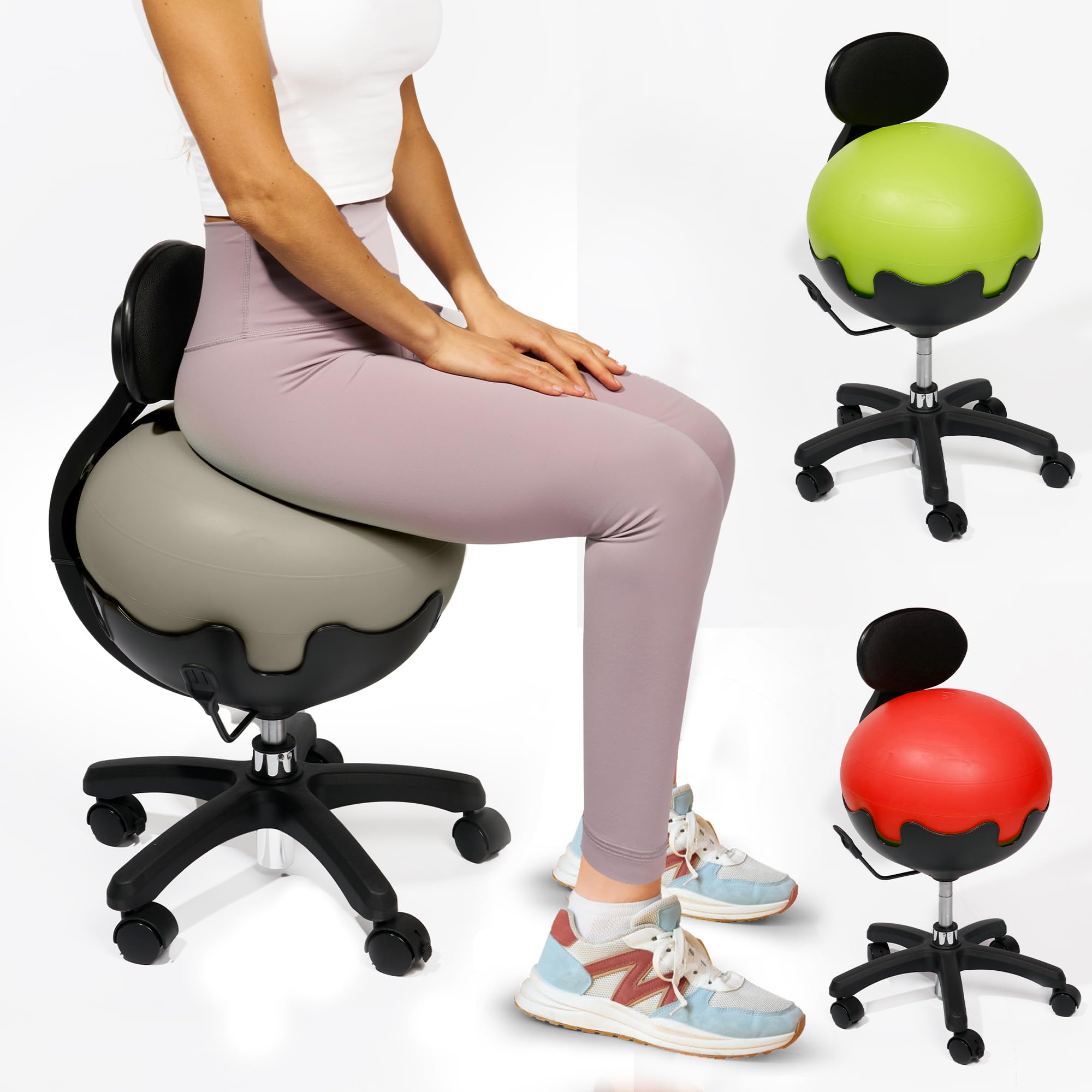 Ergonomic Aeromat Gray Yoga Ball Chair with Back Support - Adjustable Height Exercise Ball Chair for Office & Home, Balance Ball Chair for Adults, Bouncy Stability Ball Seat - Perfect for Desk Work, Home Fitness & Posture Improvement
