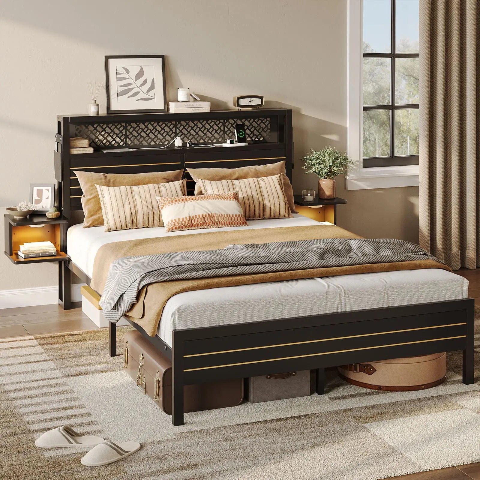 Bestier Full Bed Frame with Horizontal Golden Stripe Storage Headboard - Sturdy Metal Platform Bed with Underbed Storage Space - Perfect for Small Bedrooms, Guest Rooms & Dormitories