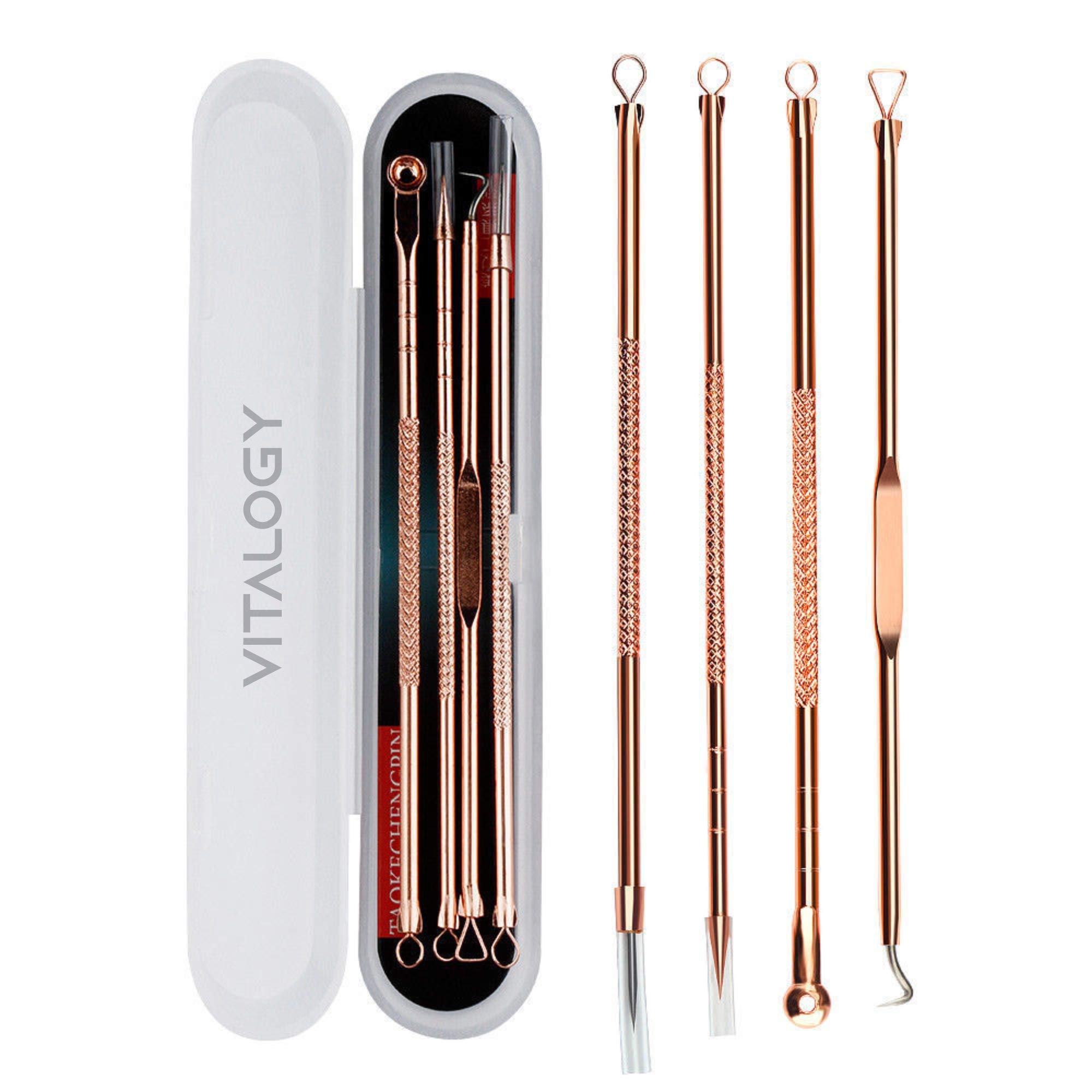 Vitalogy 4-in-1 Blackhead Remover Kit - Professional Acne & Pimple Extractor Tool for Nose & Face - Includes Blackhead & Whitehead Removal Tools, Tweezers & Travel Case (Rose Gold) - Perfect for Travel & At-Home Skincare Routine