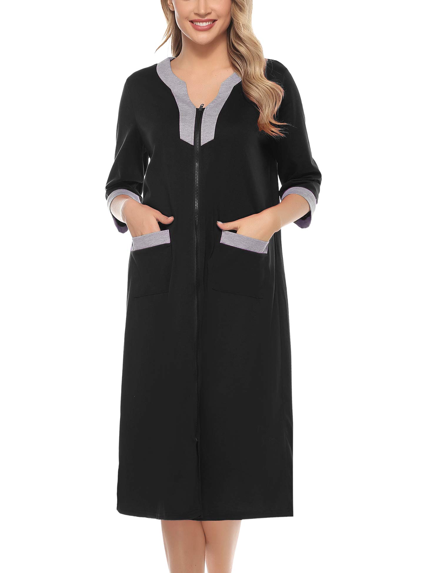 Doaraha Women's Long Sleeve Front Zipper Robe - Soft Loungewear Nightgown Housecoat with Pockets (S-XXL) - Perfect for Relaxing at Home, Spa Days & Mornings