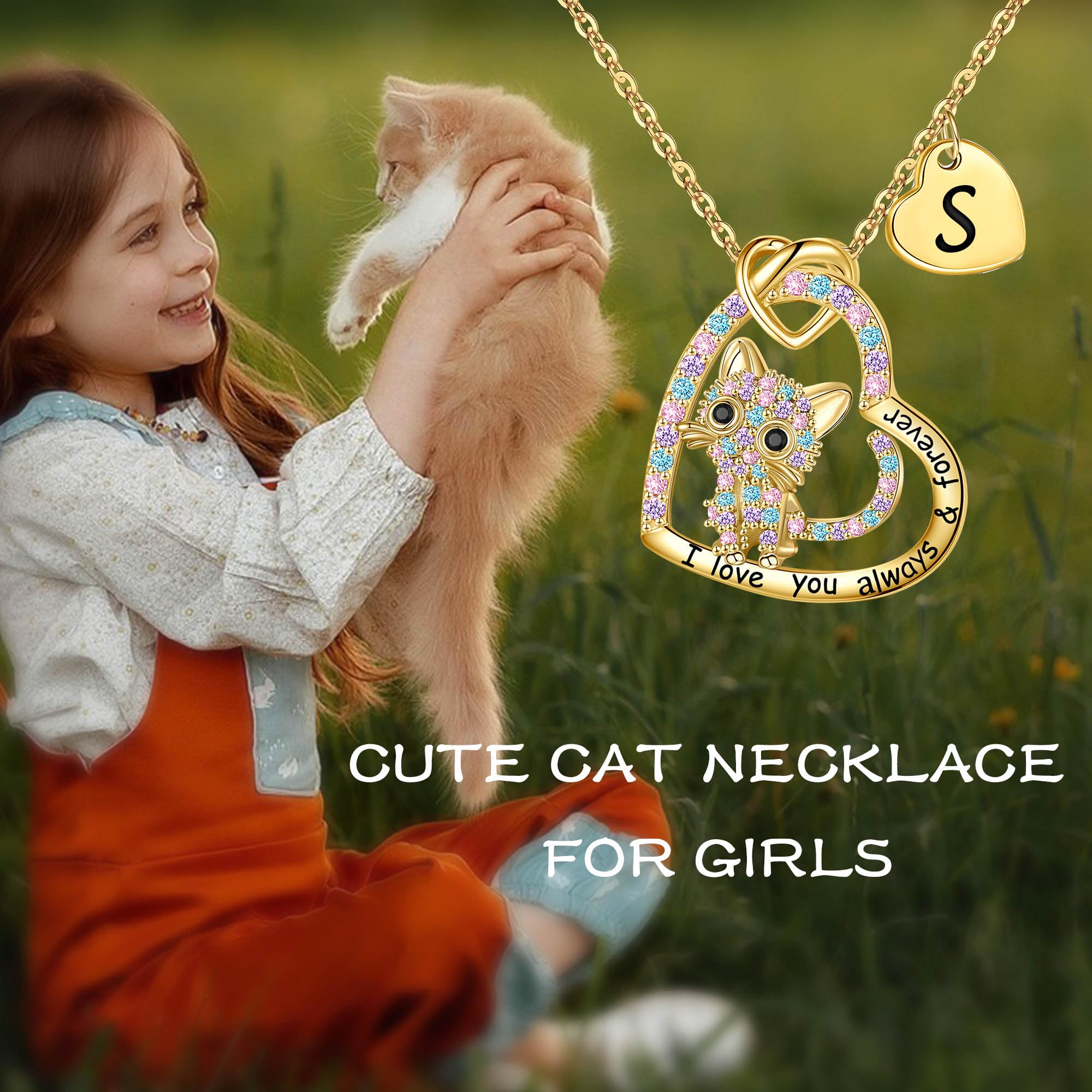 18K Gold Plated CZ Heart Cat Pendant Necklace for Women - Personalized Initial Cat Jewelry, Birthday & Christmas Gift for Cat Lovers - Perfect for Casual Wear, Date Nights & Special Occasions