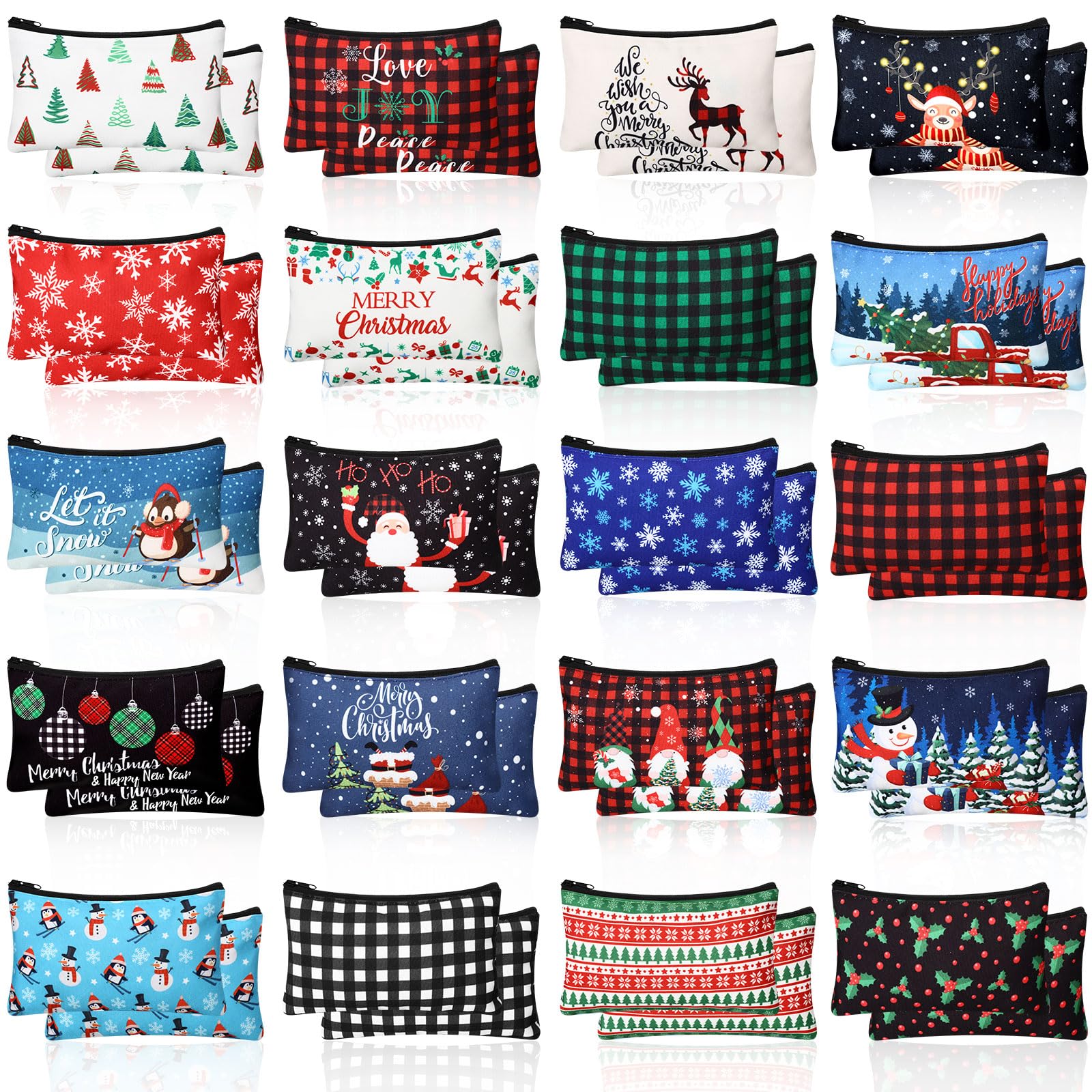 60 Pack Christmas Makeup Bags Bulk - 7x4.3 Inch Holiday Cosmetic Pouches with Snowman, Snowflake & Santa Designs - Perfect for Women's Gifts, Stocking Stuffers & Party Favors (Great for Travel, Storage & Holiday Gift Giving)