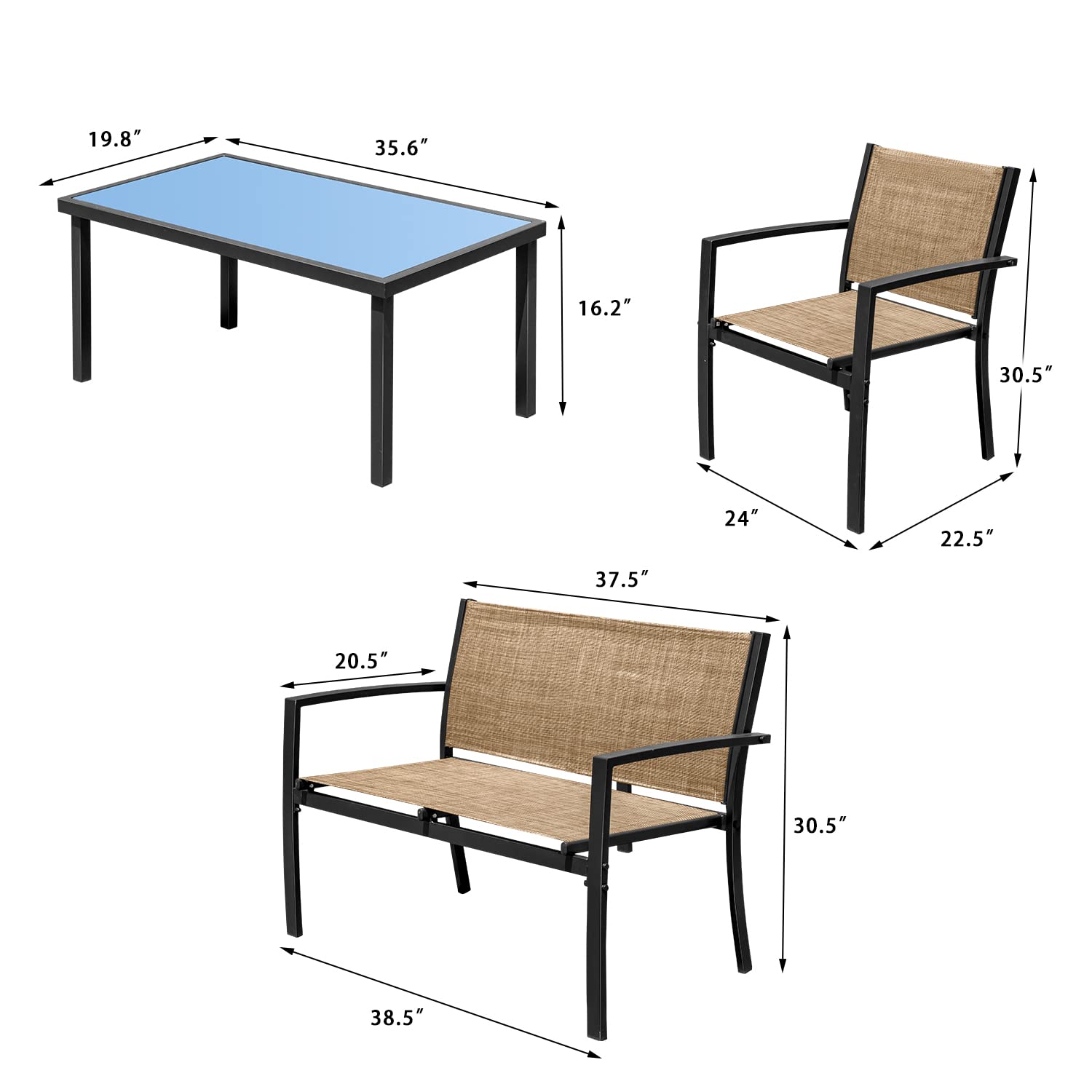 Devoko 4-Piece Outdoor Patio Furniture Set - Yellow Garden Conversation Set with Glass Coffee Table for Poolside, Lawn, Porch & Backyard Relaxation