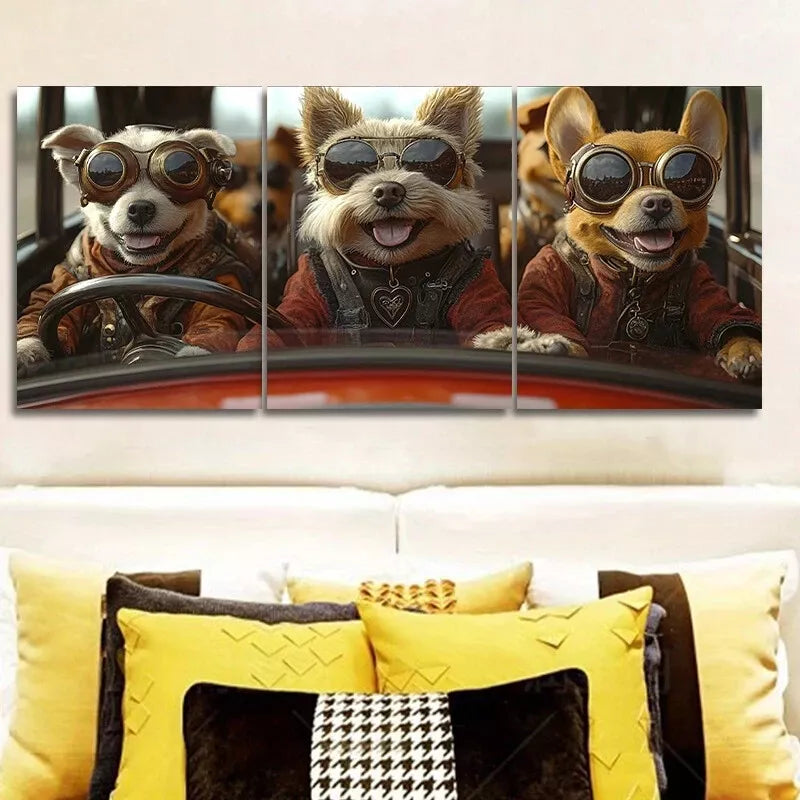 3-Piece Dogs Driving a Car with Sunglasses Wall Art Set - 40x60cm Framed Canvas Prints | High Quality Australian Made Home Decor | Perfect for Living Room, Bedroom & Office Decor