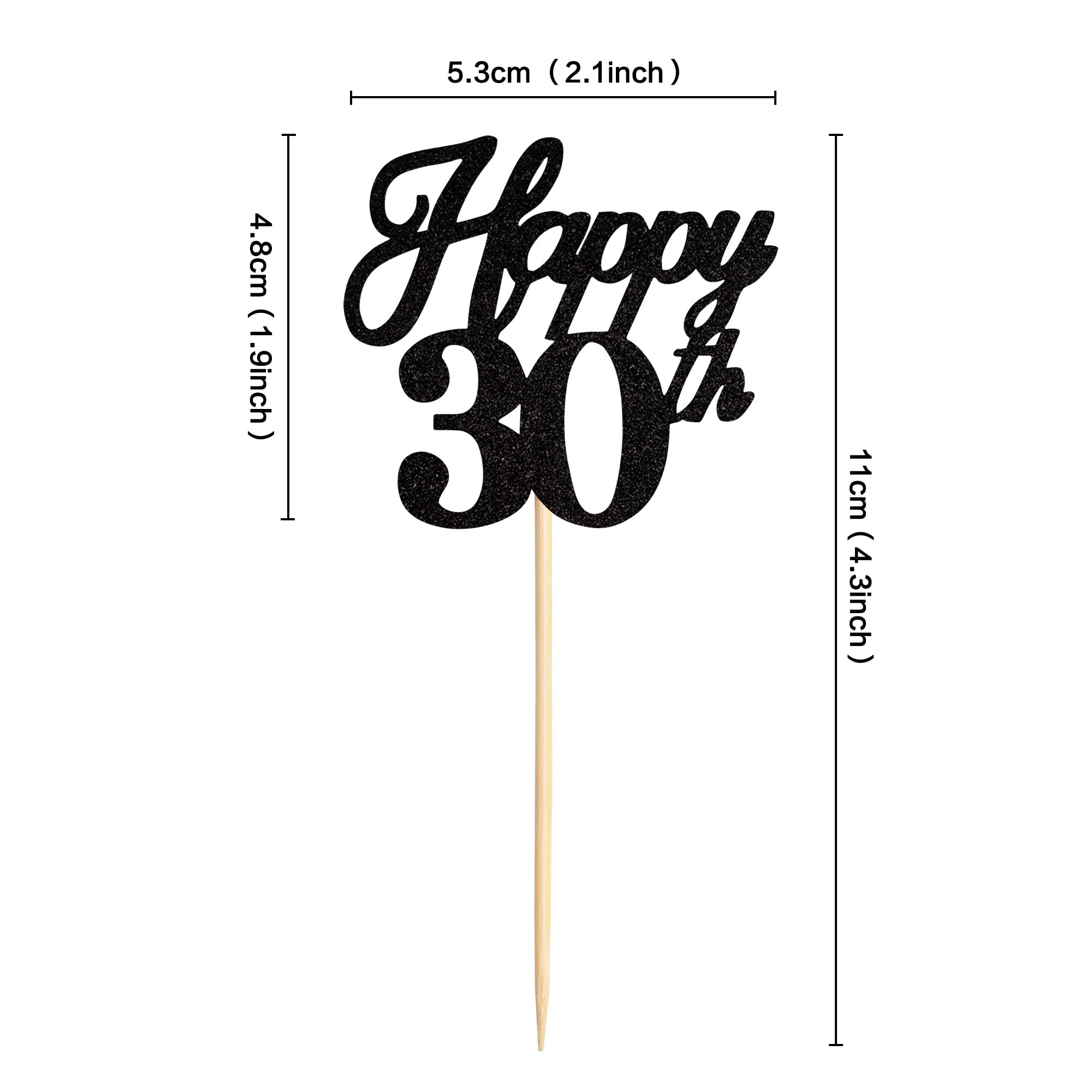 Ercadio 24 Pack Happy 30th Birthday Cupcake Toppers - Black Glitter 30th Cupcake Picks, Hello 30 Cupcake Decorations for Birthday, Wedding, Anniversary Party Cake Decor Supplies - Perfect for Milestone Celebrations & Dessert Table Displays