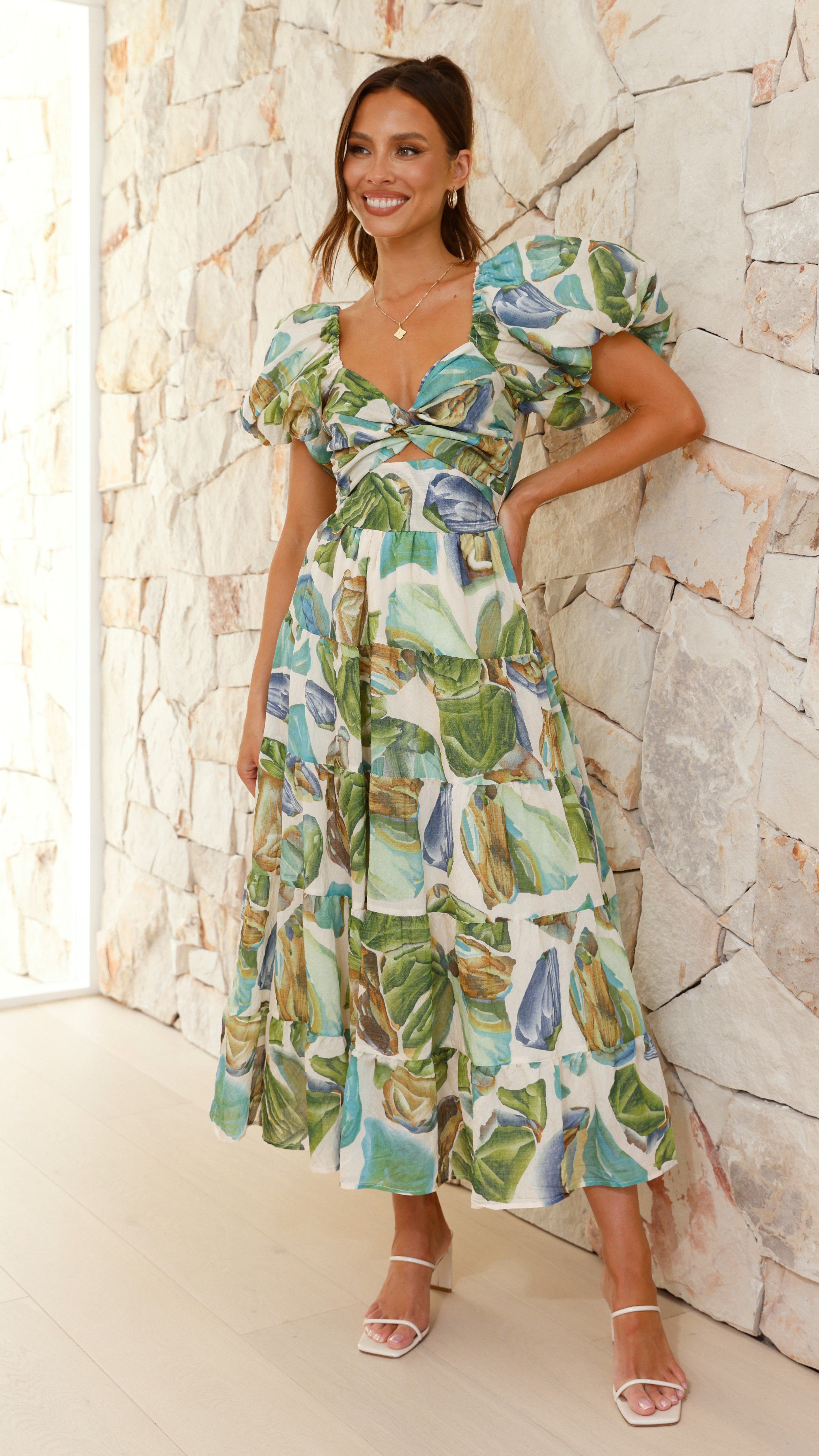 Balthazar Maxi Dress - Green & Blue Floral Print, Women's Summer Beach Dress for Vacation, Party, and Casual Wear
