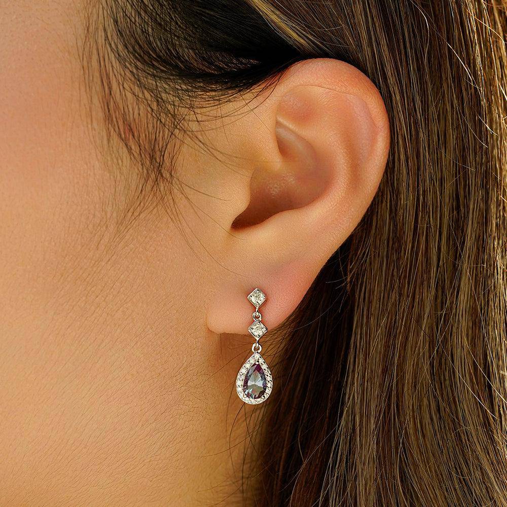 2 Carat Pear Shaped Alexandrite Moissanite Pave Drop Earrings for Women | Elegant Dangle Earrings for Wedding, Party & Special Occasions