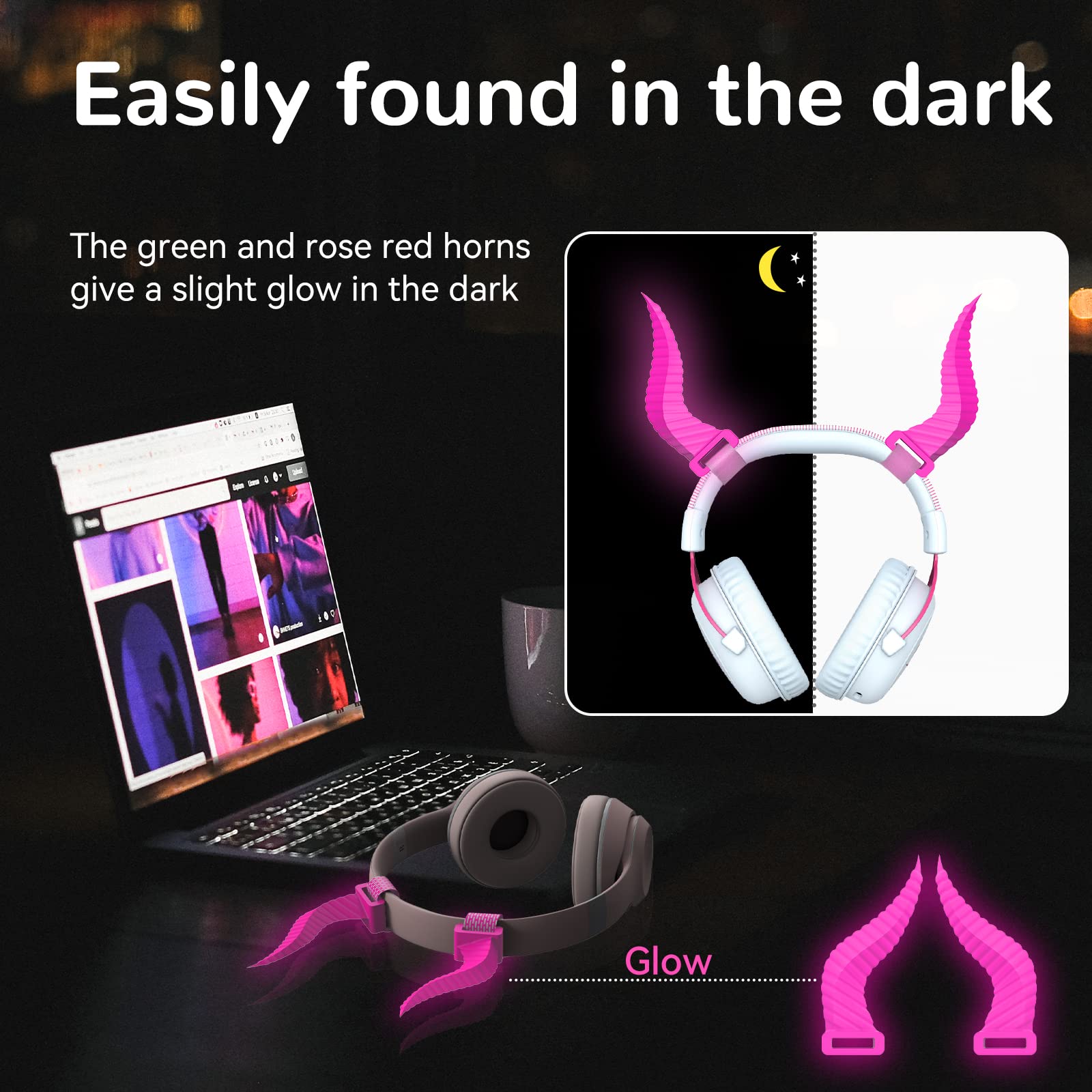 TOLUOHU Cool Horns Headphone Attachment - Adjustable Cosplay Gaming Headset Props for E-Sports Gamers & Streamers (Glow Rose Red) | Compatible with All Over-Ear Headphones | Perfect for Gaming Tournaments, Live Streaming & Cosplay Events