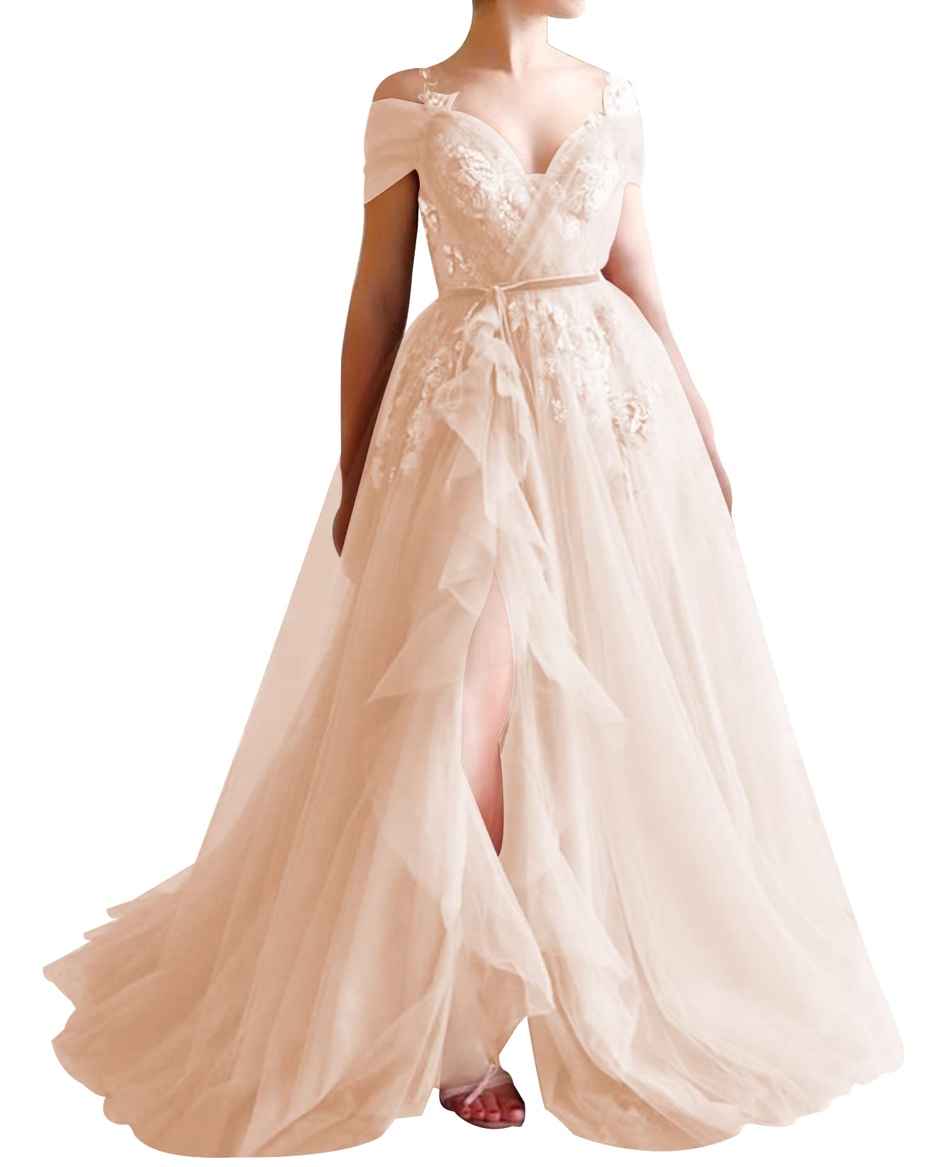Elegant Off-The-Shoulder Tulle Prom Dress with V-Neck & High Slit - Formal Evening Gowns for Homecoming, Wedding & Special Occasions