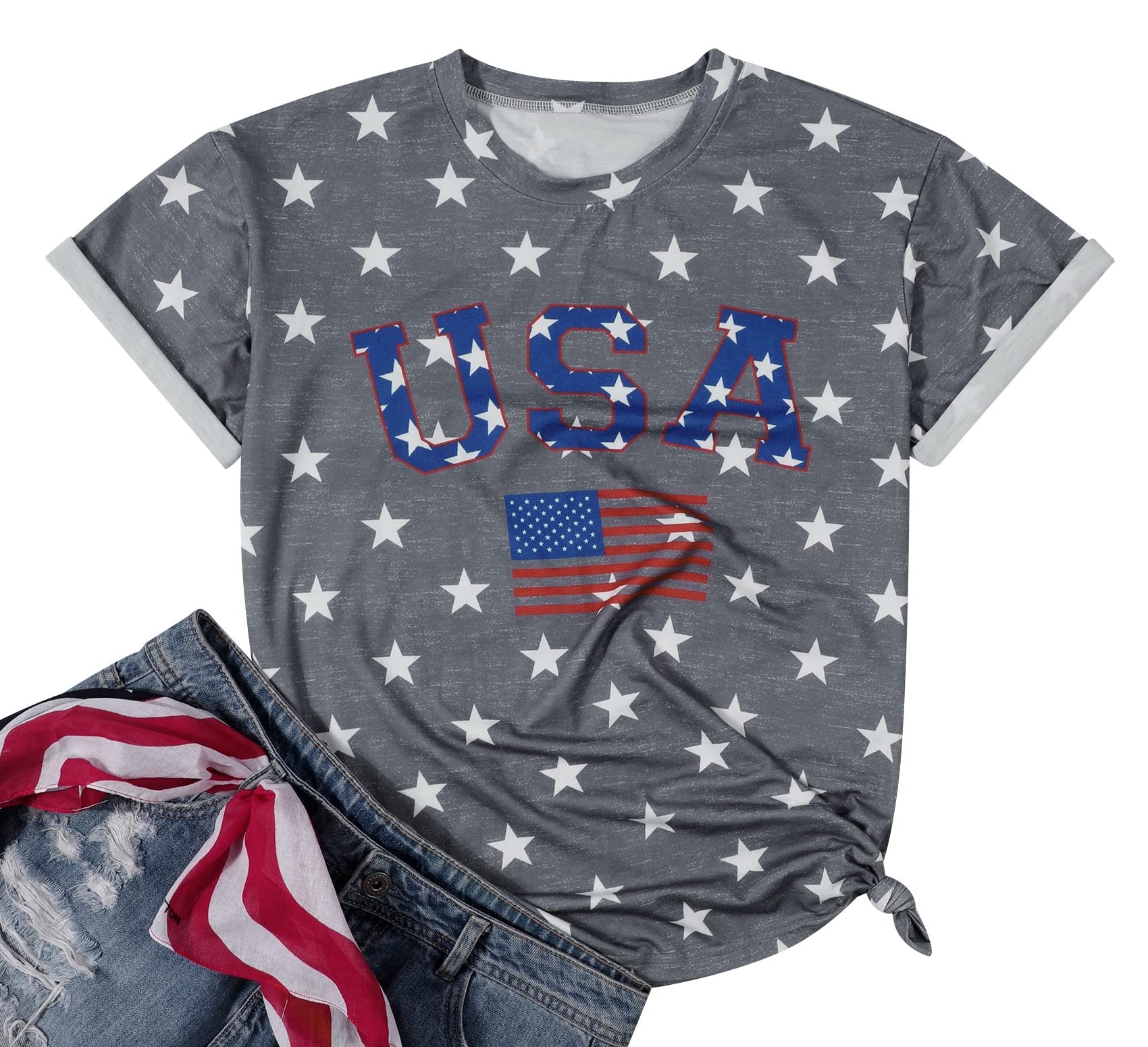 USA Flag Graphic Print T-Shirts for Women - Patriotic American Flag Tee - Comfortable Cotton Top for Casual Wear, Fourth of July & Independence Day Celebrations