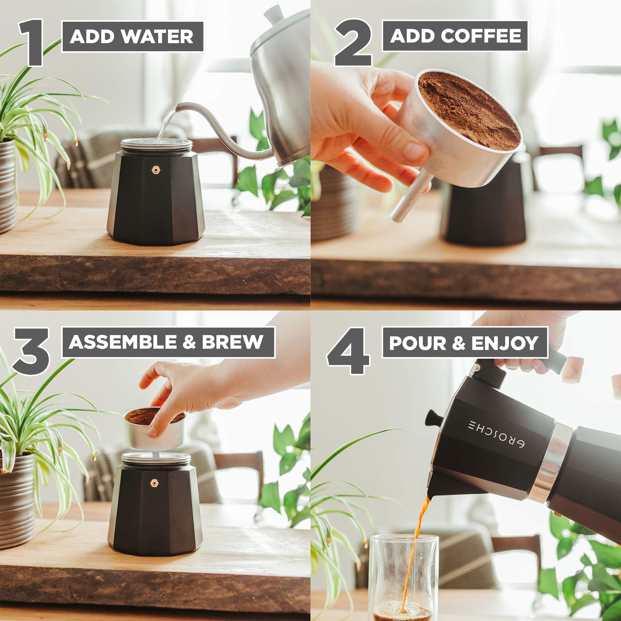 GROSCHE Milano Stovetop Espresso Maker - 12 Cup Moka Pot (23.6 fl oz) for Cuban & Italian Coffee | Black Stovetop Coffee Brewer | Perfect for Home, Office & Camping Use