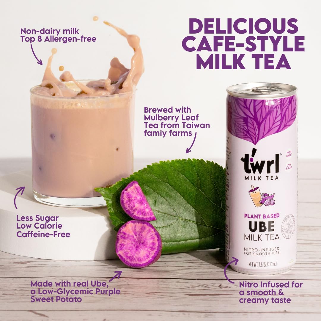 Twrl Ube Milk Tea - Organic Plant-Based Milk, Caffeine-Free, Low Sugar, Antioxidant-Rich Nitro-Infused Smooth Tea - 7.5oz (12 Pack) - Perfect for Vegan Snacking, Afternoon Relaxation & Healthy Beverage Alternatives