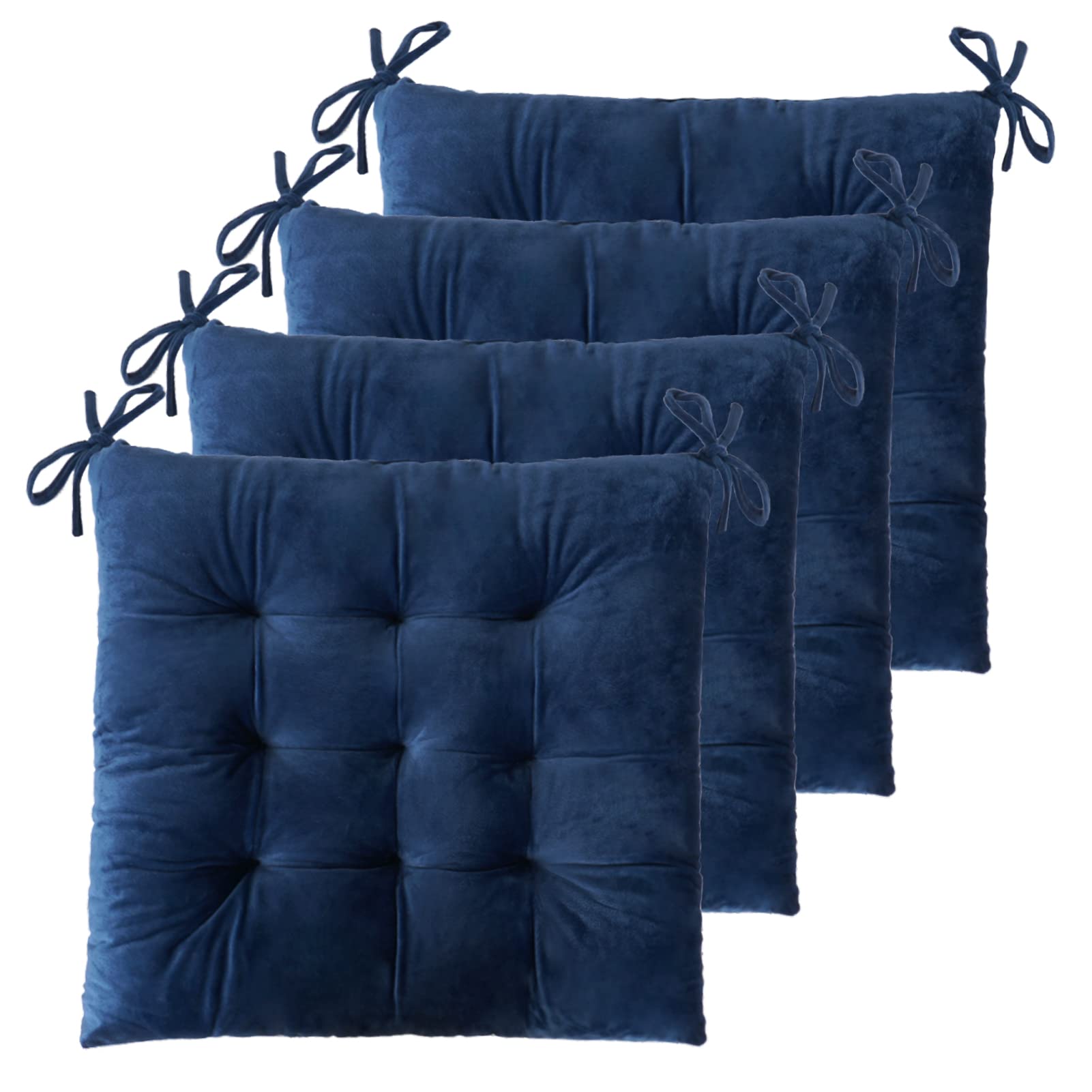 ELFJOY 4 Pack Navy Velvet Dining Chair Cushions with Ties - Kitchen & Office Use