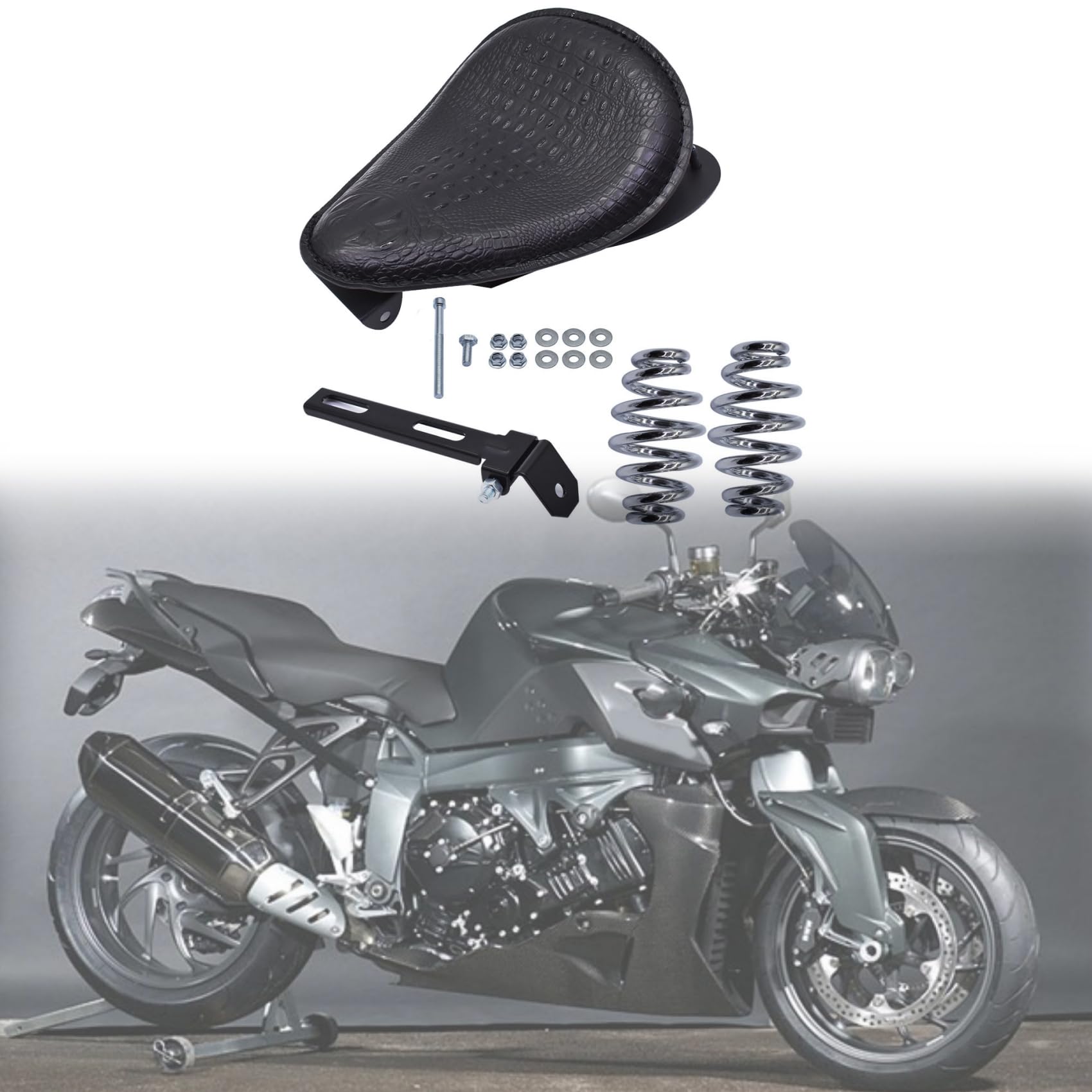 Premium Crocodile Style Leather Motorcycle Solo Seat with Cushion & Spring Base Plate - Replacement for Harley Chopper, Bobber, Dyna, Sportster XL & Shadow - Perfect for Long Rides & Custom Bike Builds