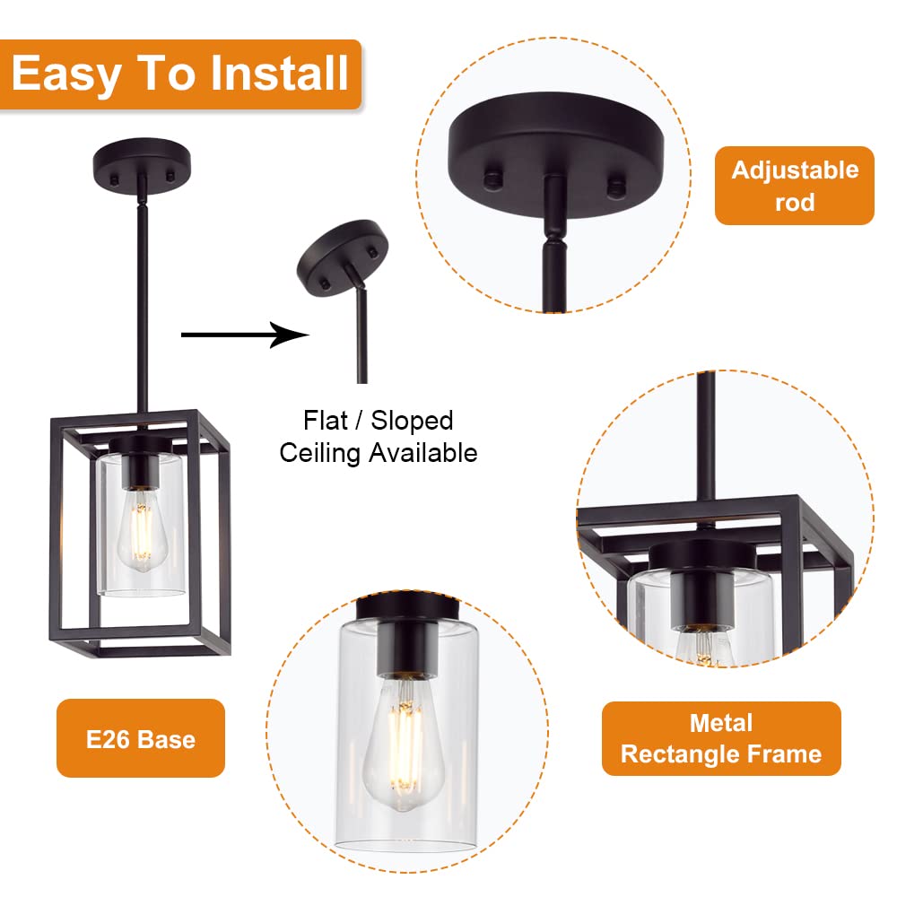 VINLUZ Modern 1-Light Cage Kitchen Island Pendant Light with Glass Shade, Oil Rubbed Bronze Chandelier for Dining Room, Bedroom, Hallway - Semi Flush Mount Ceiling Lighting Fixture for Kitchen, Living Room & Entryway