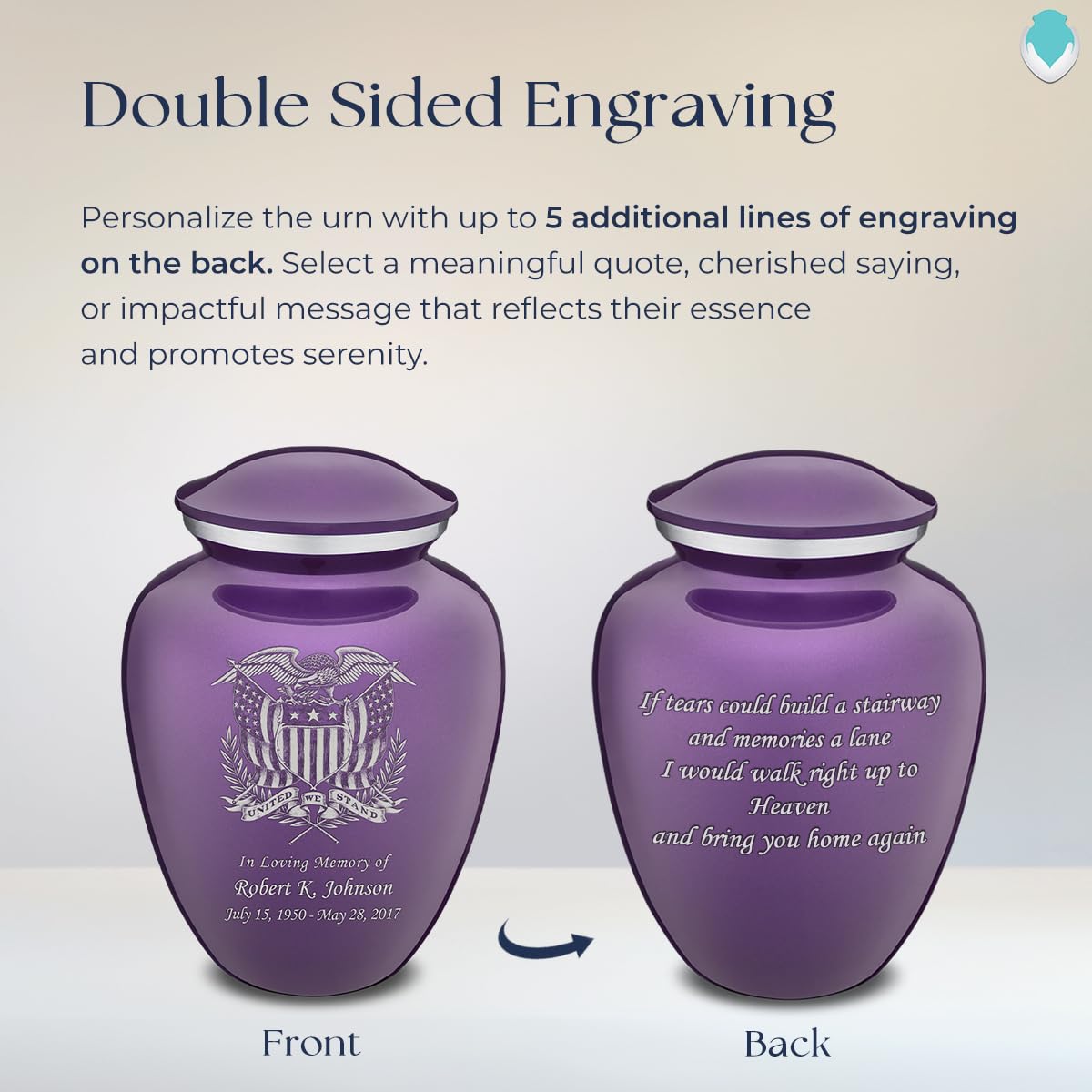Personalized Purple Cremation Urn for Ashes - Large Adult Funeral Urn with Double Side Engraving (Holds 200 lbs) | Memorial Keepsake for Men & Women | Perfect for Home Display, Columbarium, or Burial Ceremony
