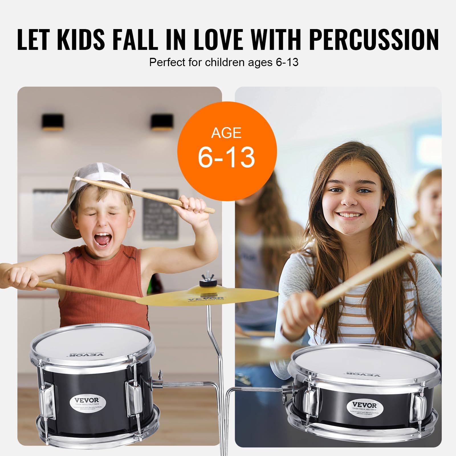 VEVOR Kids Drum Set 3-Piece Junior Beginner Drum Kit with Adjustable Throne, Sticks, Cymbal & Pedal - 14 Inch Black Tom Snare Bass Starter Drum Set for Children | Perfect for Home Practice, Music Lessons & Birthday Gifts