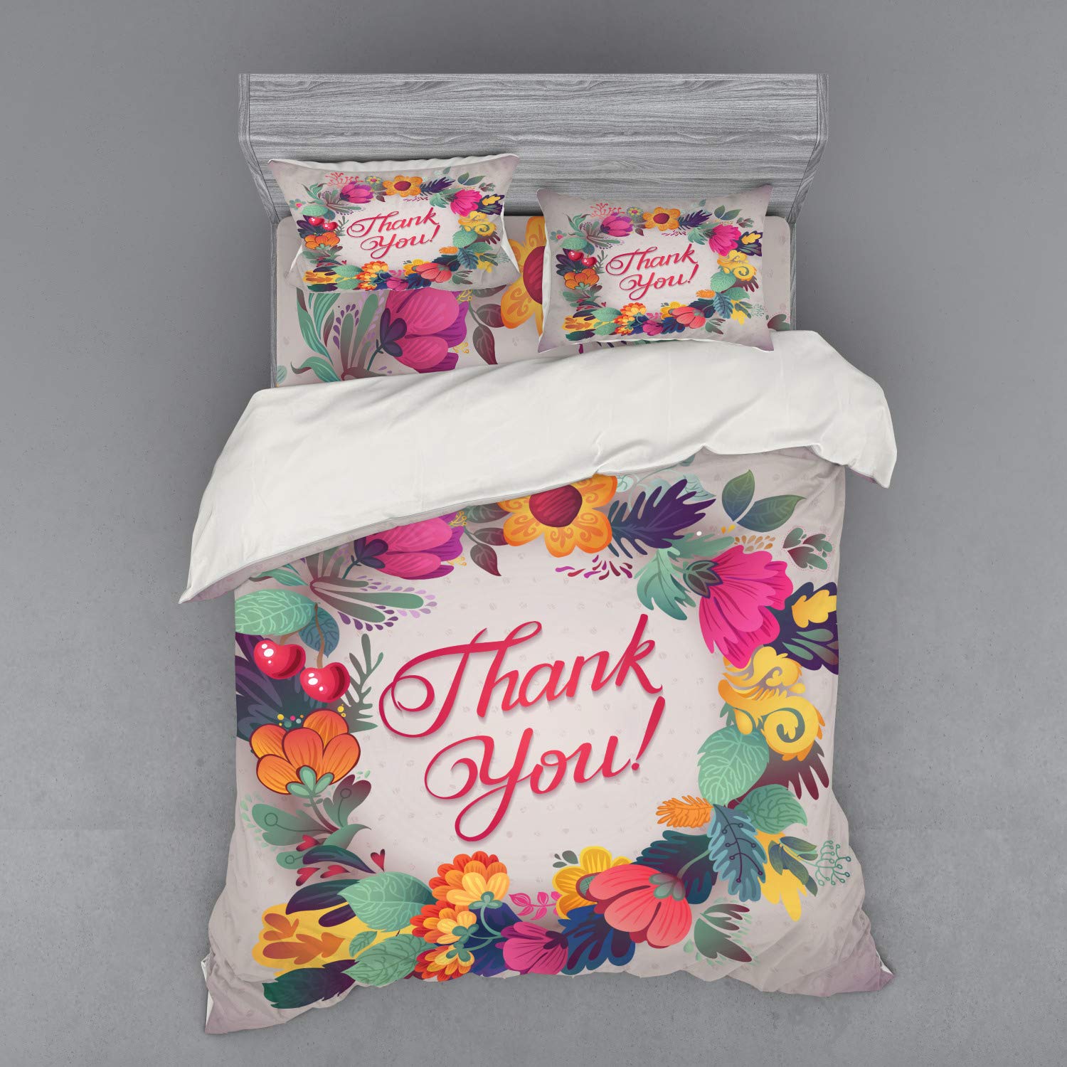 **Ambesonne Floral Duvet Cover Set - Queen Size 4-Piece Bedding with Shams & Fitted Sheet, Retro Ceramic-Inspired Cherry Blossom & Leaf Print - Perfect for Boho, Vintage, or Farmhouse Bedroom Decor**