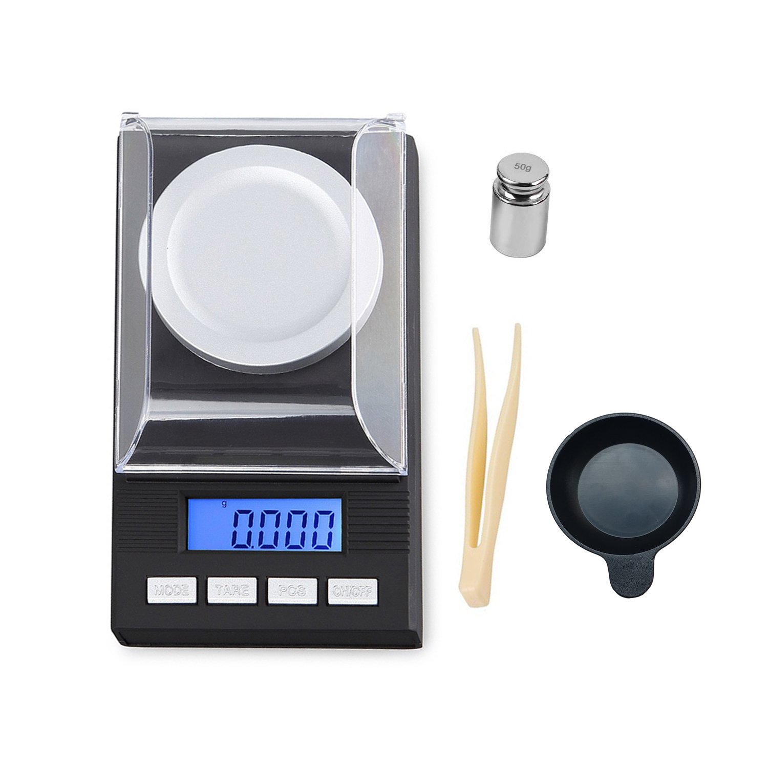 50g/1.76oz High Precision Digital Milligram Scale - 0.001g/0.0001oz Accuracy Jewelry Scale with Calibration Weights, Tweezers & Pans | Portable Mini Scale for Gold, Diamonds, Herbs, Medicine & Lab Use