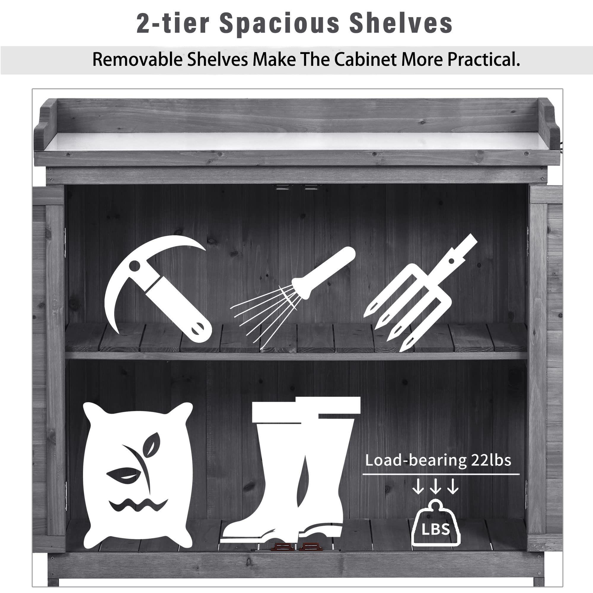 Outdoor Potting Bench with Storage - Weatherproof Garden Work Table with Double Doors, 2-Tier Shelves & Side Hooks - Perfect for Patio, Backyard, Porch Gardening & DIY Projects (Grey)