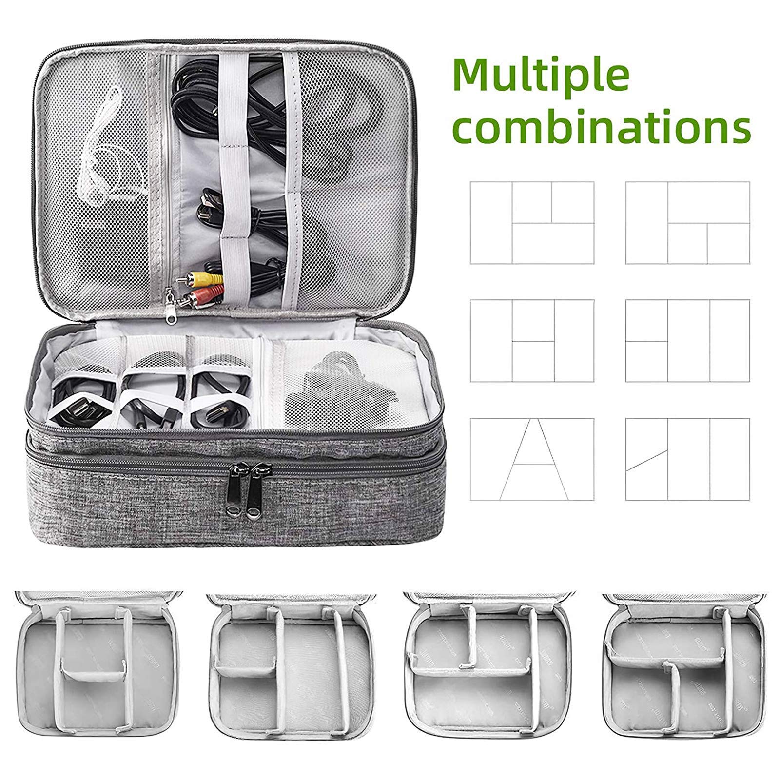 XunHe 3-Layer Waterproof Travel Cable Organizer Bag - Universal Electronics Accessories Pouch for Chargers, Cables, Mouse, Hard Drive & USB Sticks - Perfect for Business Trips, Vacations & Daily Commute (Grey)