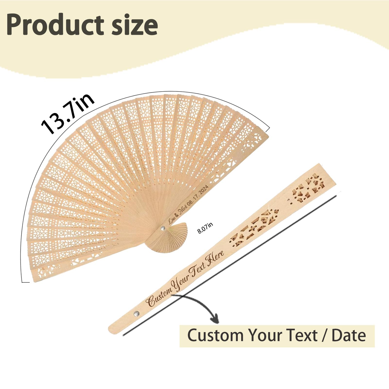 100Pcs Personalized Sandalwood Wedding Folding Hand Fans - Custom Printed Wedding Party Favors with Organza Bags - Elegant Guest Gifts for Outdoor Ceremonies, Beach Weddings & Summer Events (100 Count)